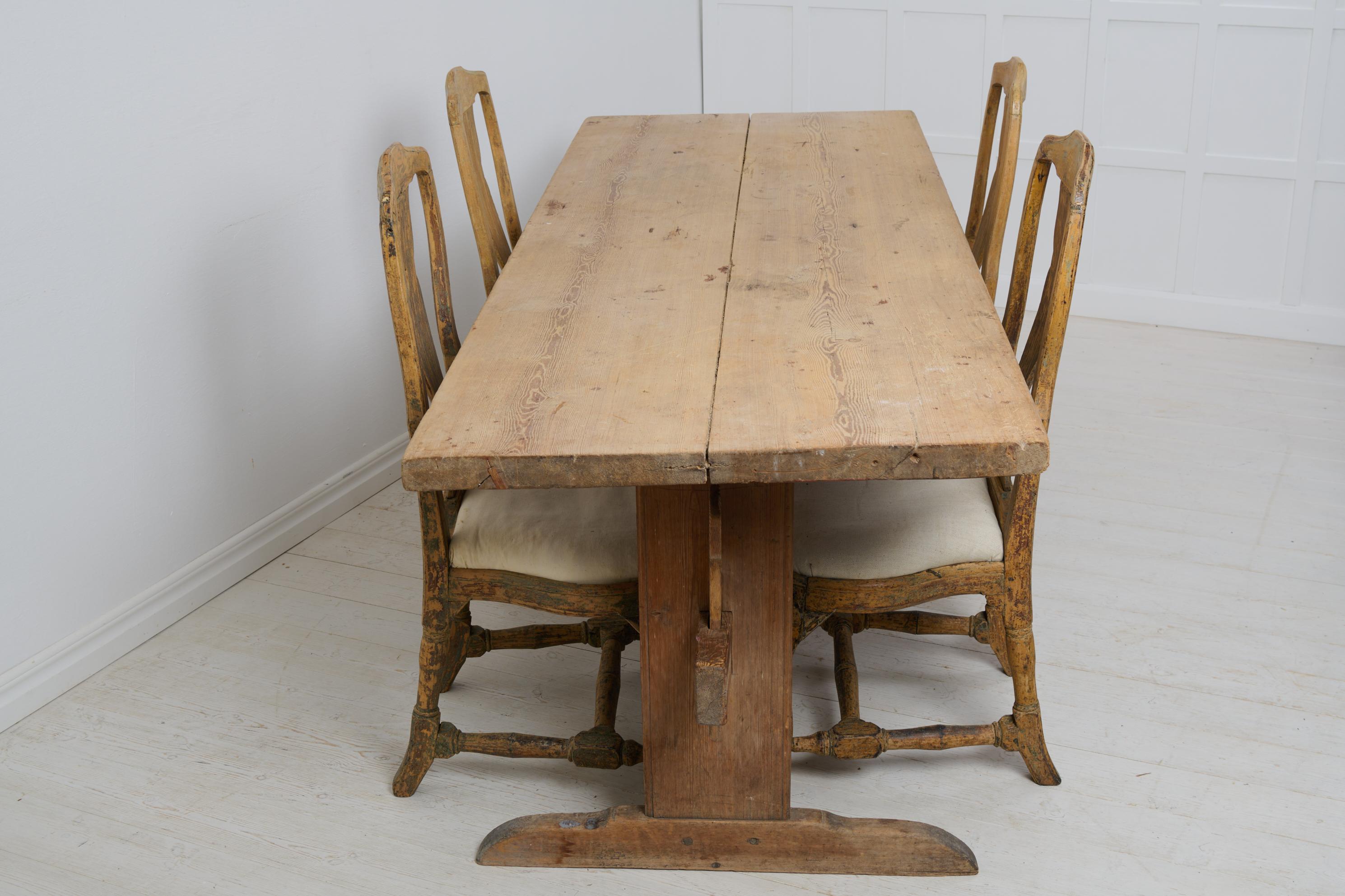 Antique Large Trestle Dining Table, Swedish Solid Pine with Genuine Patina  In Good Condition For Sale In Kramfors, SE