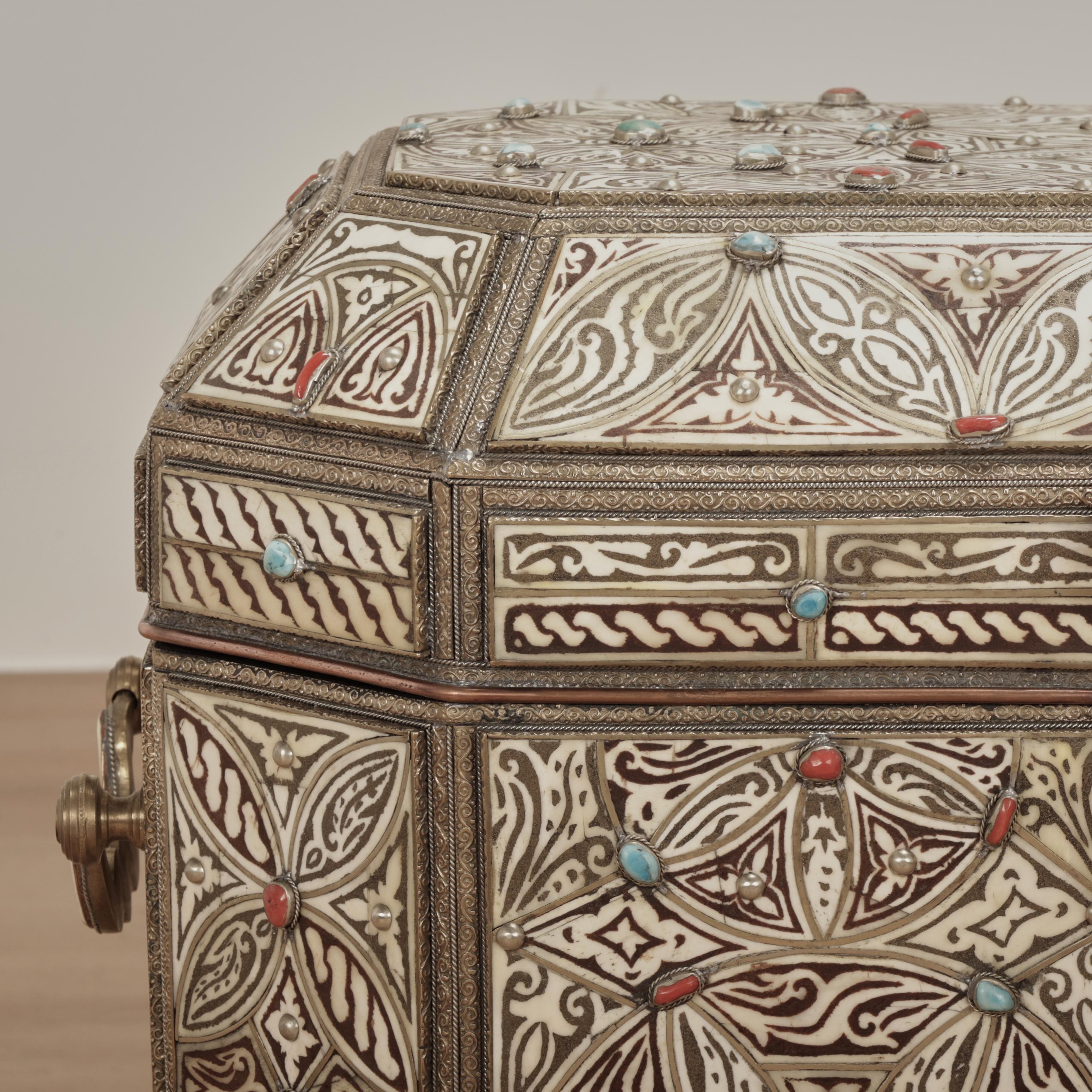 Moorish Antique Large Turkish Bone and Metal Box For Sale