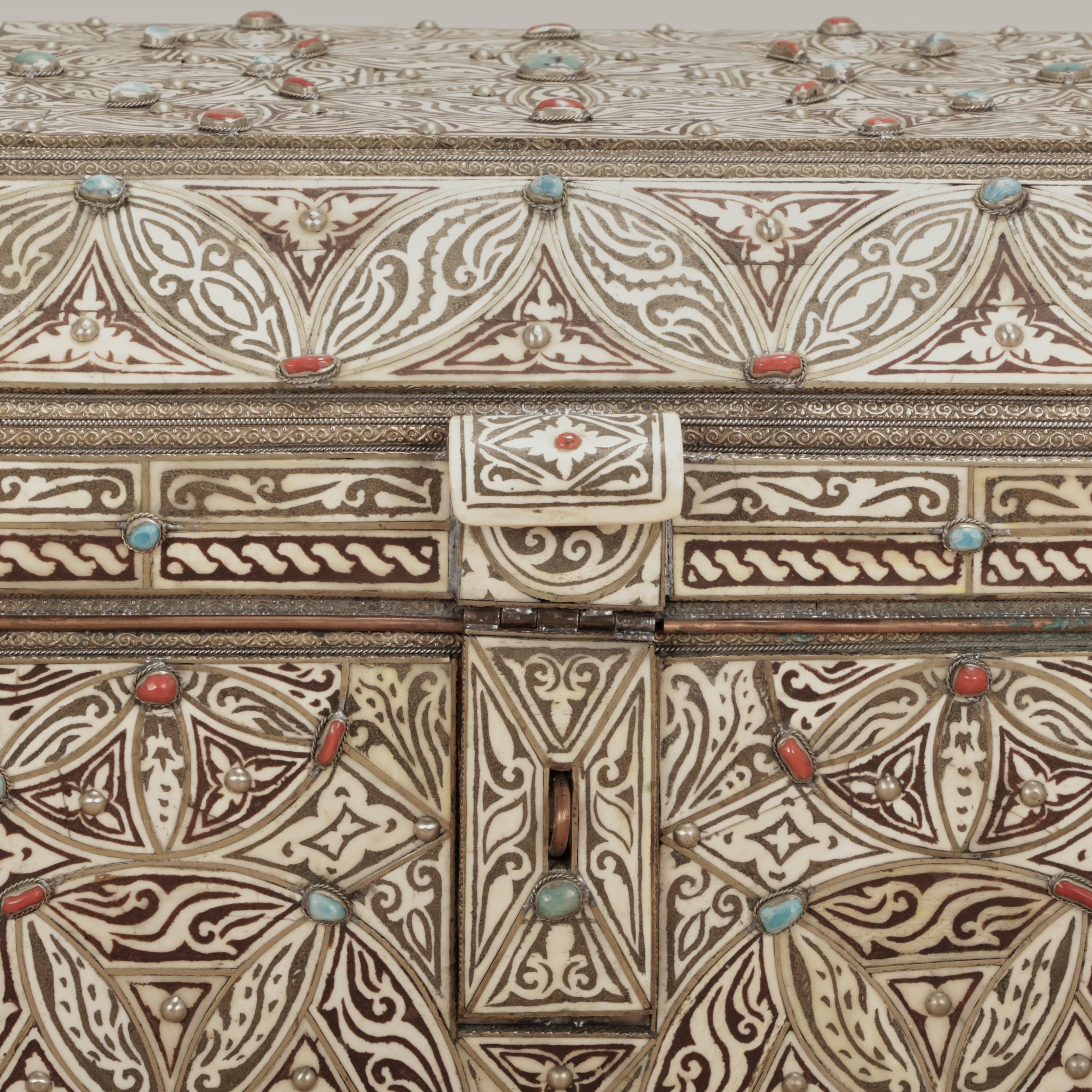 Hammered Antique Large Turkish Bone and Metal Box For Sale