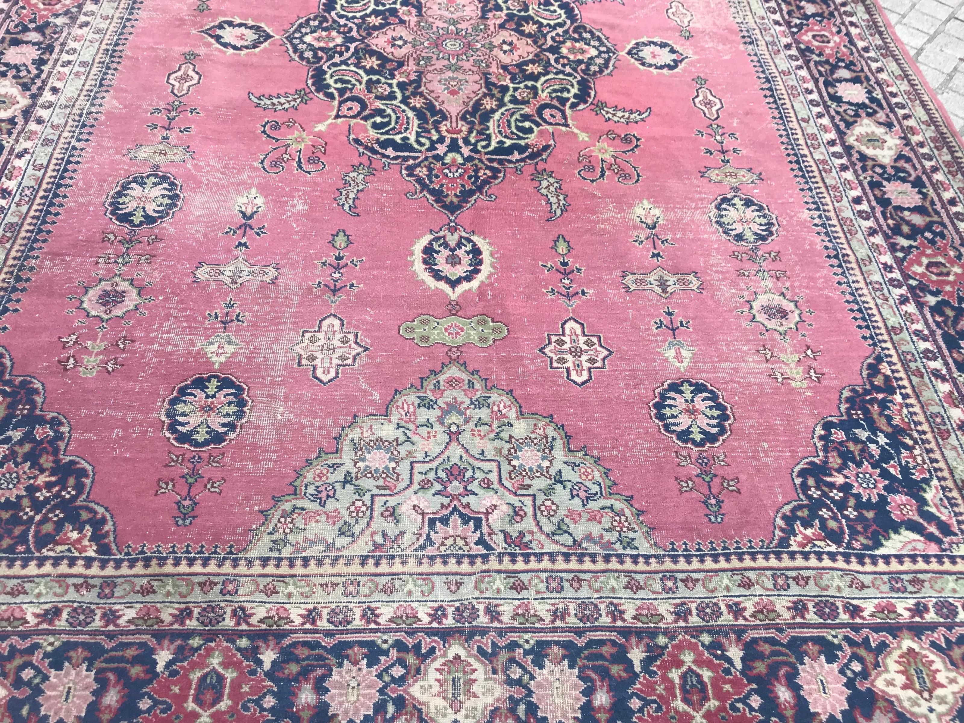 Hand-Knotted Antique Large Turkish Sparta Pink Field Rug