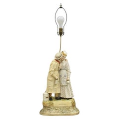 Antique Large Victorian Bisque "Taking The Cream" Porcelain Figure Table Lamp