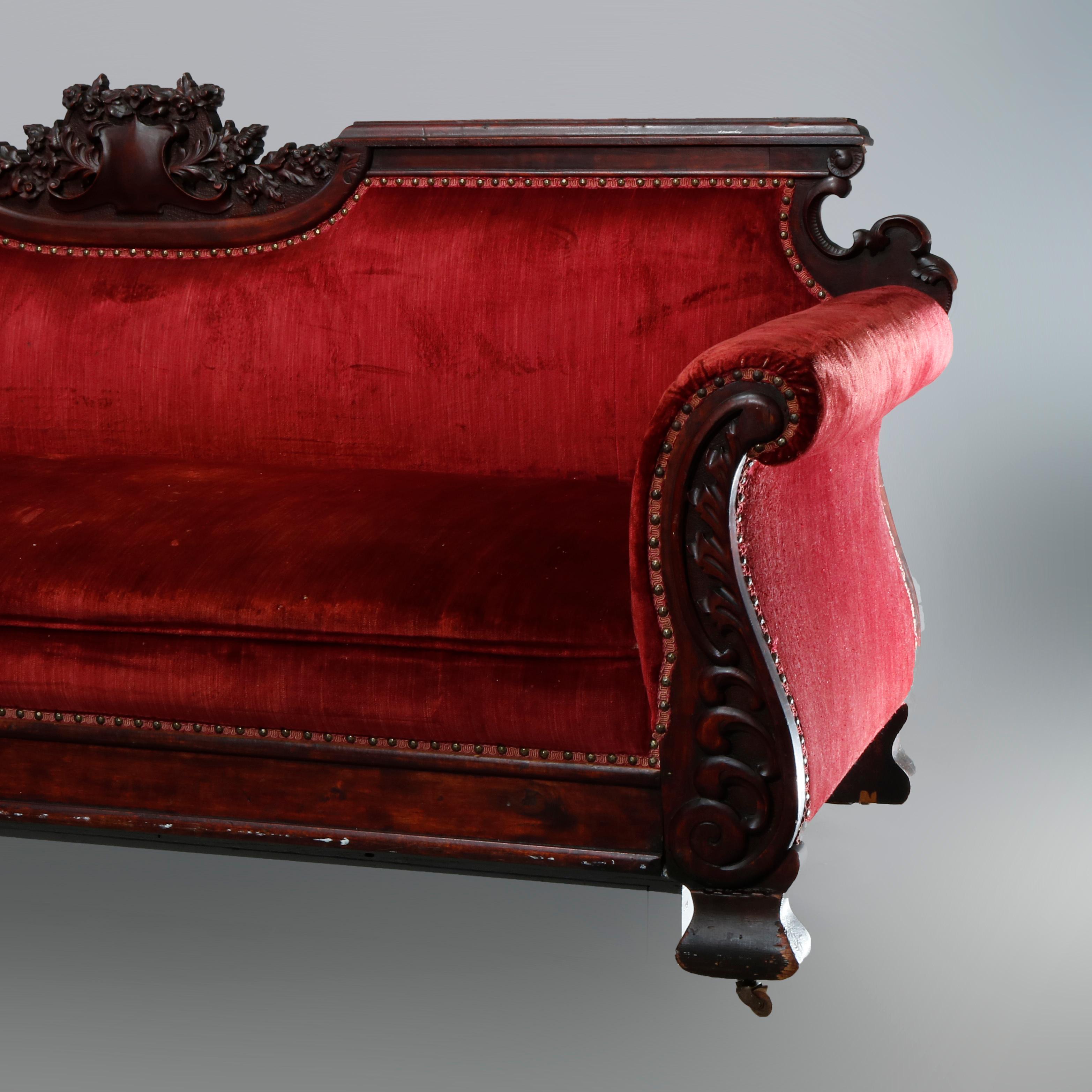 Antique Large Victorian Carved Mahogany & Velvet Sofa, Circa 1890 2