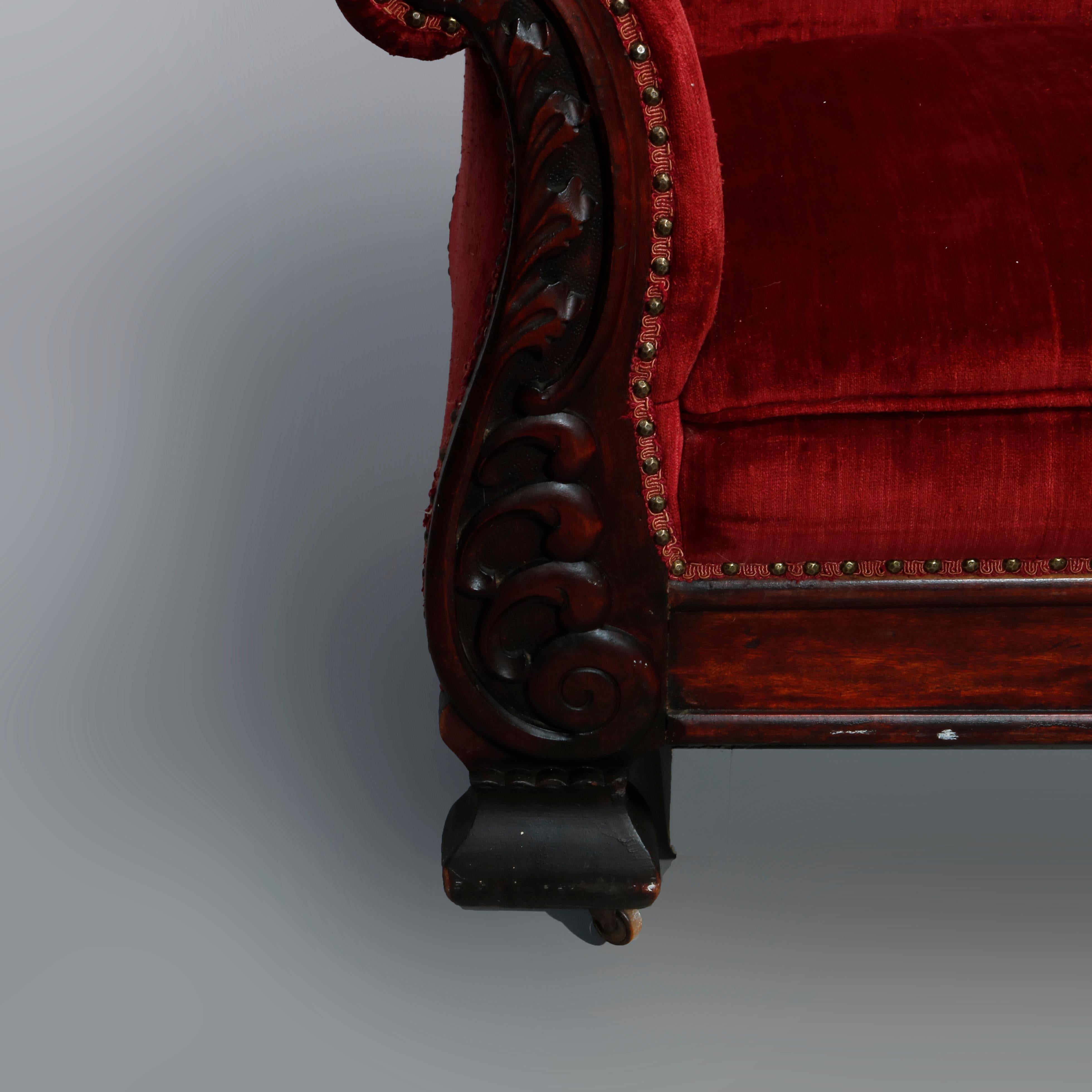Antique Large Victorian Carved Mahogany & Velvet Sofa, Circa 1890 3