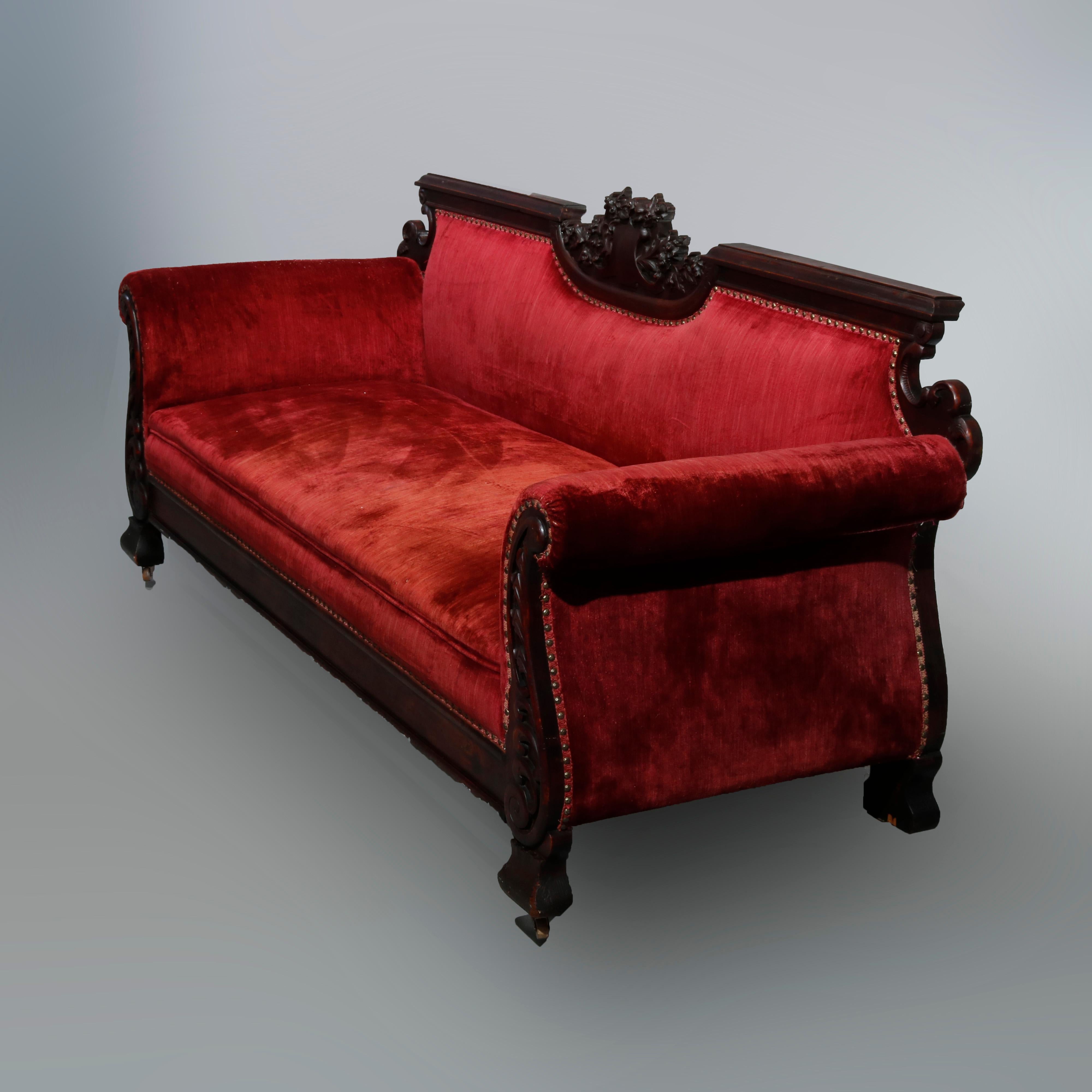 Antique Large Victorian Carved Mahogany & Velvet Sofa, Circa 1890 6