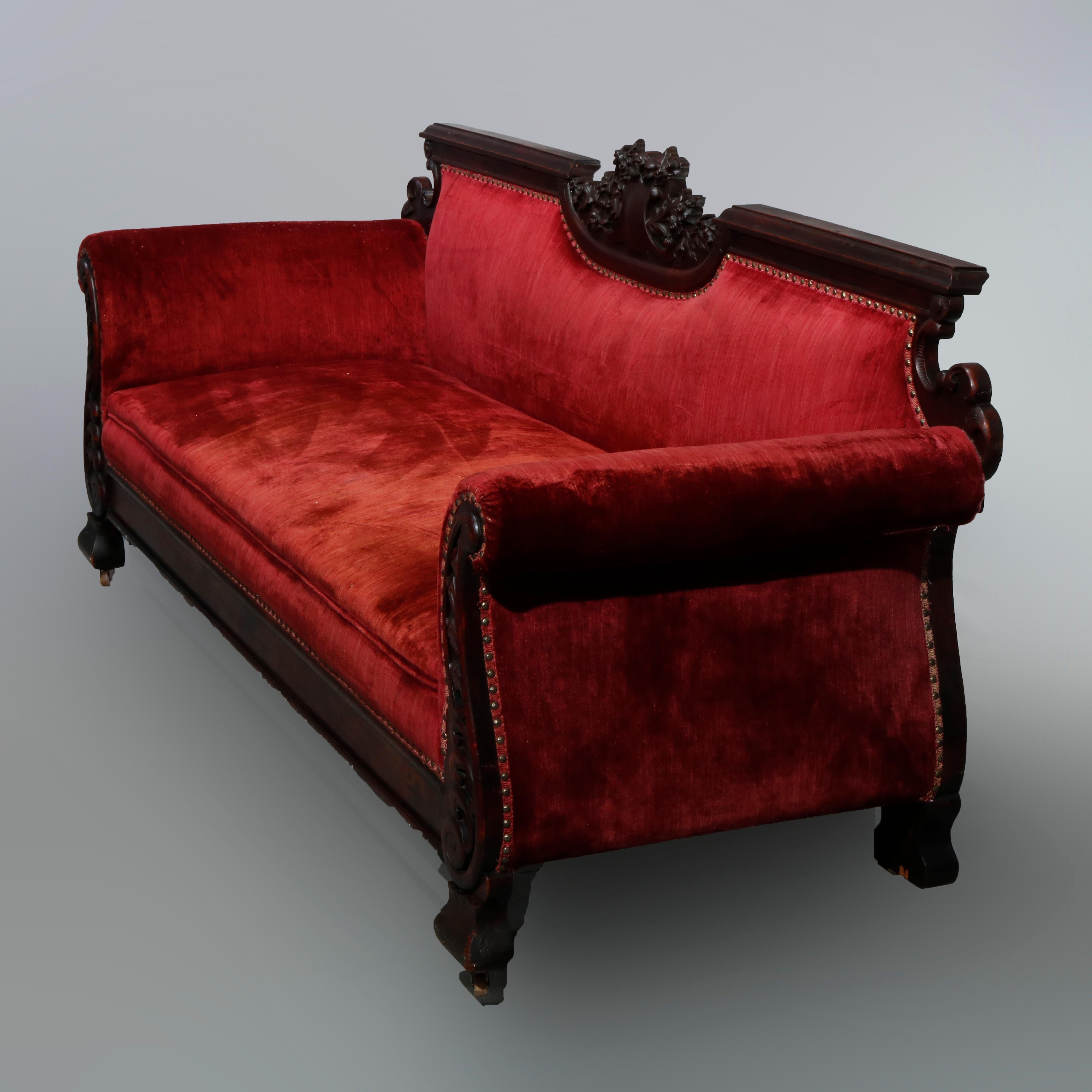 Antique Large Victorian Carved Mahogany & Velvet Sofa, Circa 1890 7