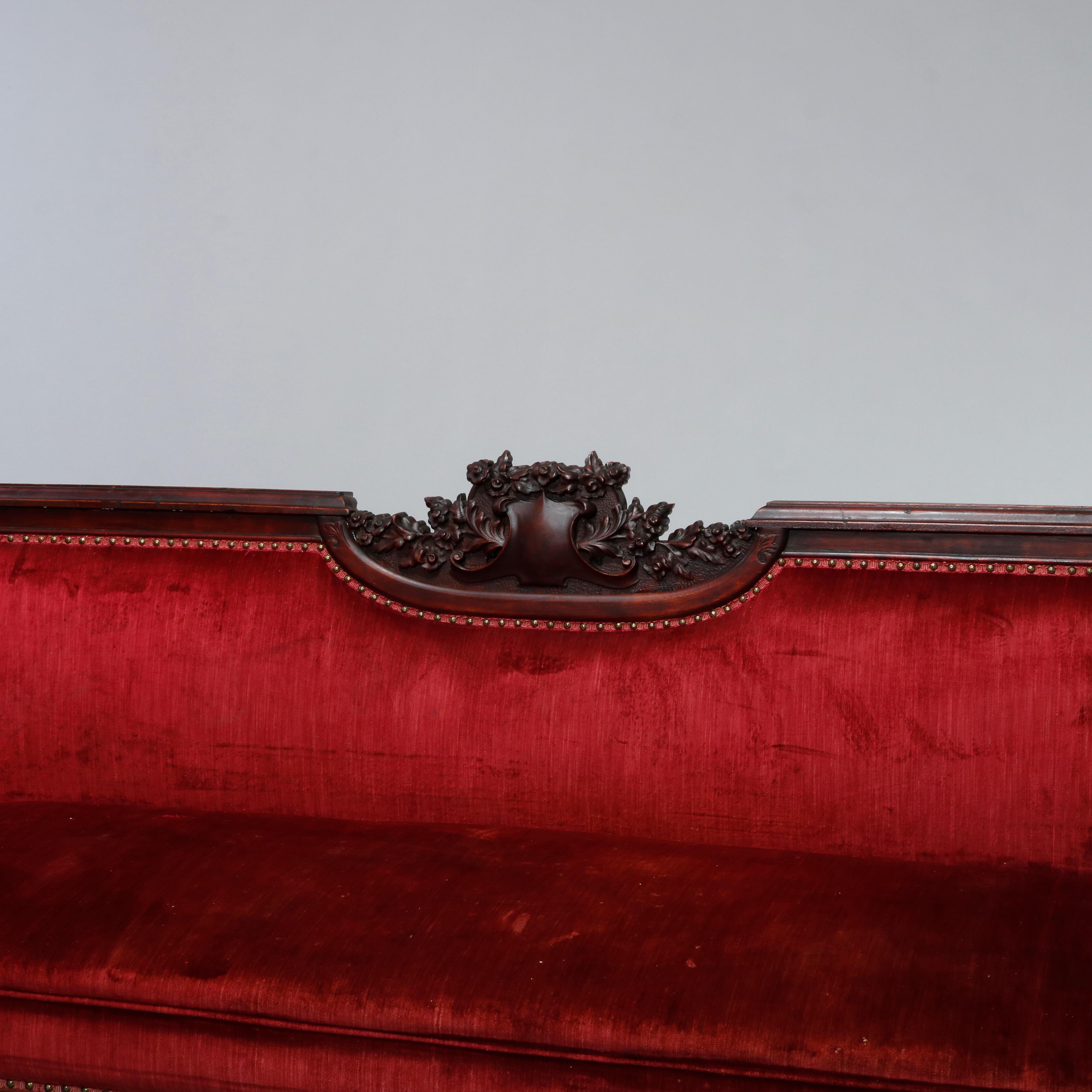 American Antique Large Victorian Carved Mahogany & Velvet Sofa, Circa 1890