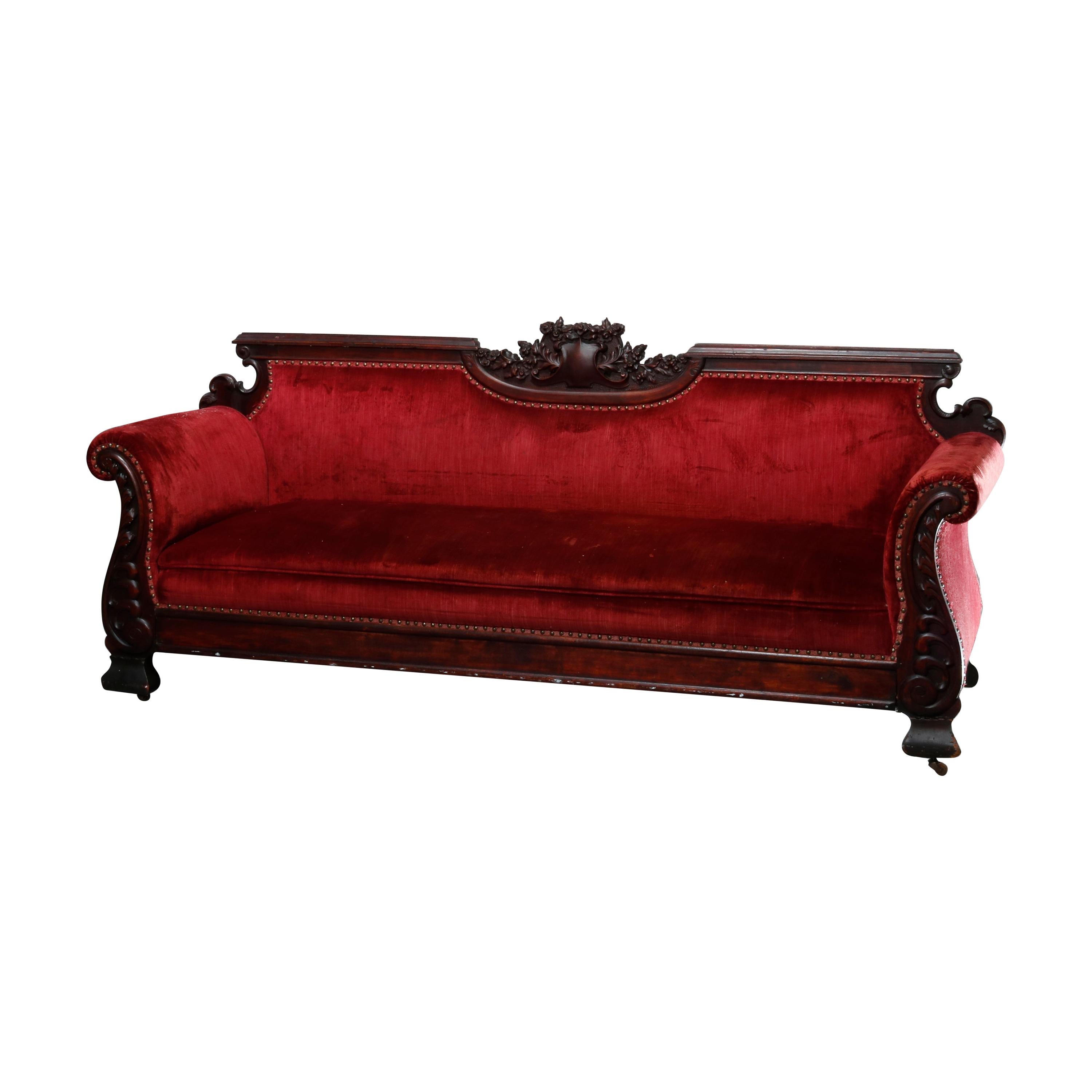 Antique Large Victorian Carved Mahogany & Velvet Sofa, Circa 1890