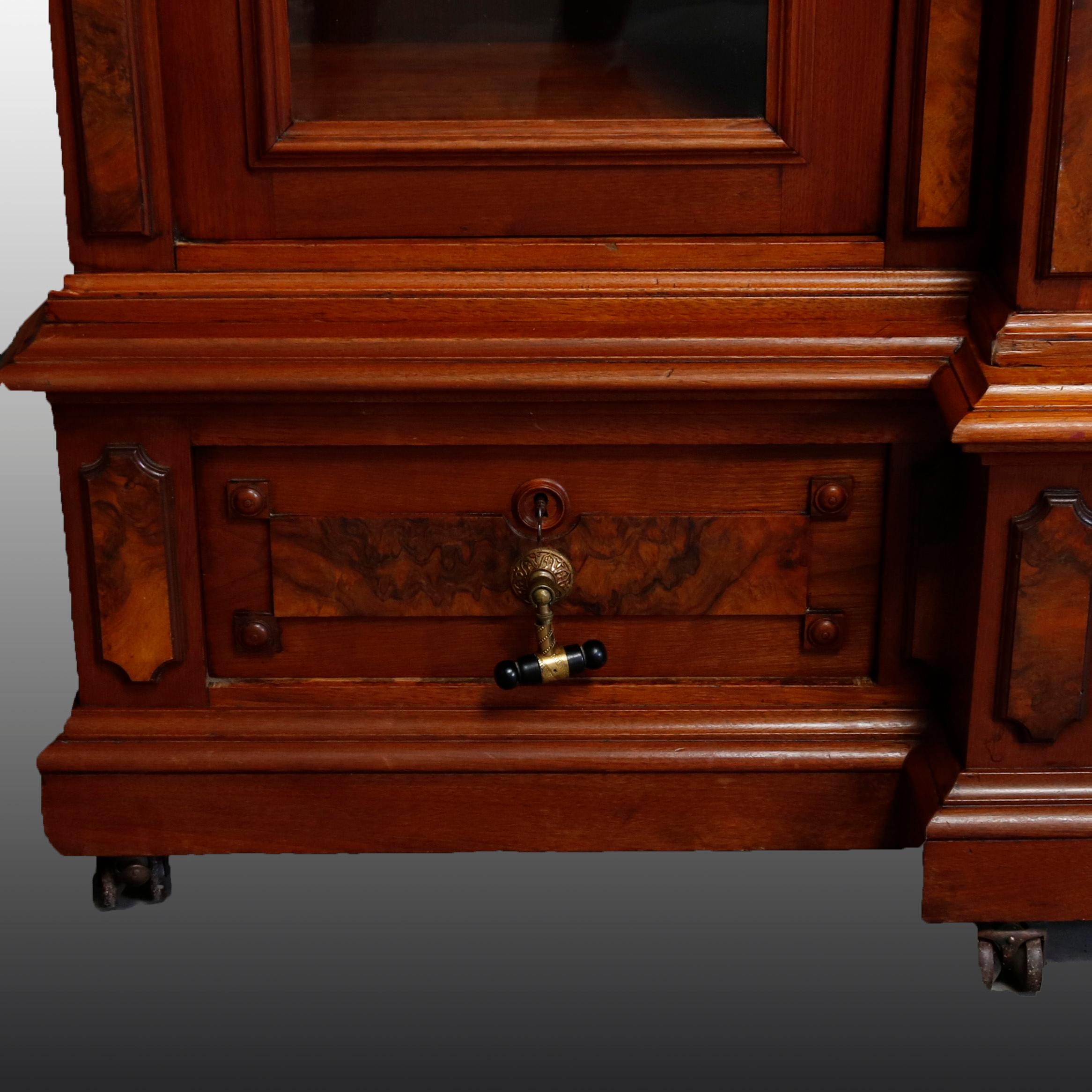 Large Victorian Carved Walnut and Burl Enclosed 3-Section Bookcase, circa 1890 5