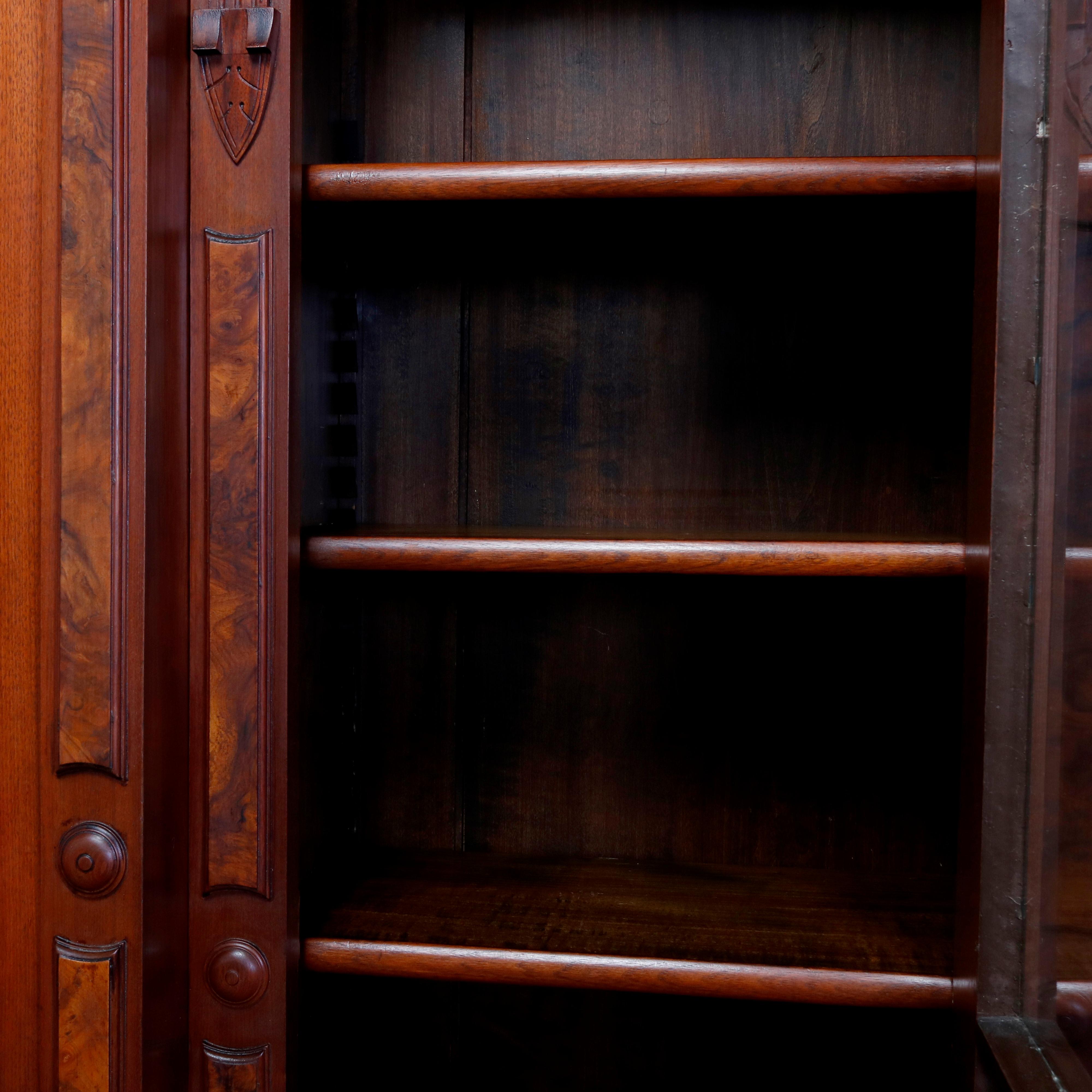 Large Victorian Carved Walnut and Burl Enclosed 3-Section Bookcase, circa 1890 5