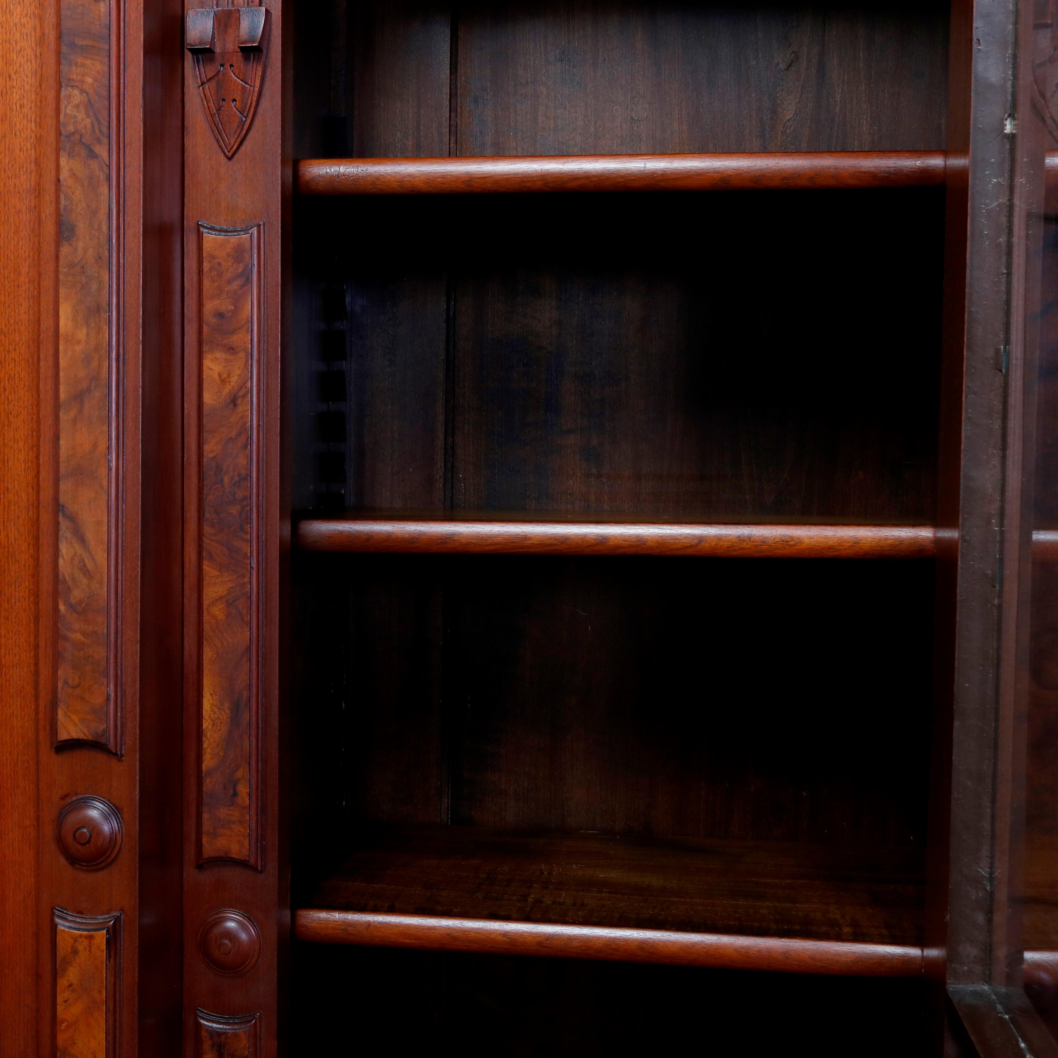 Large Victorian Carved Walnut and Burl Enclosed 3-Section Bookcase, circa 1890 6