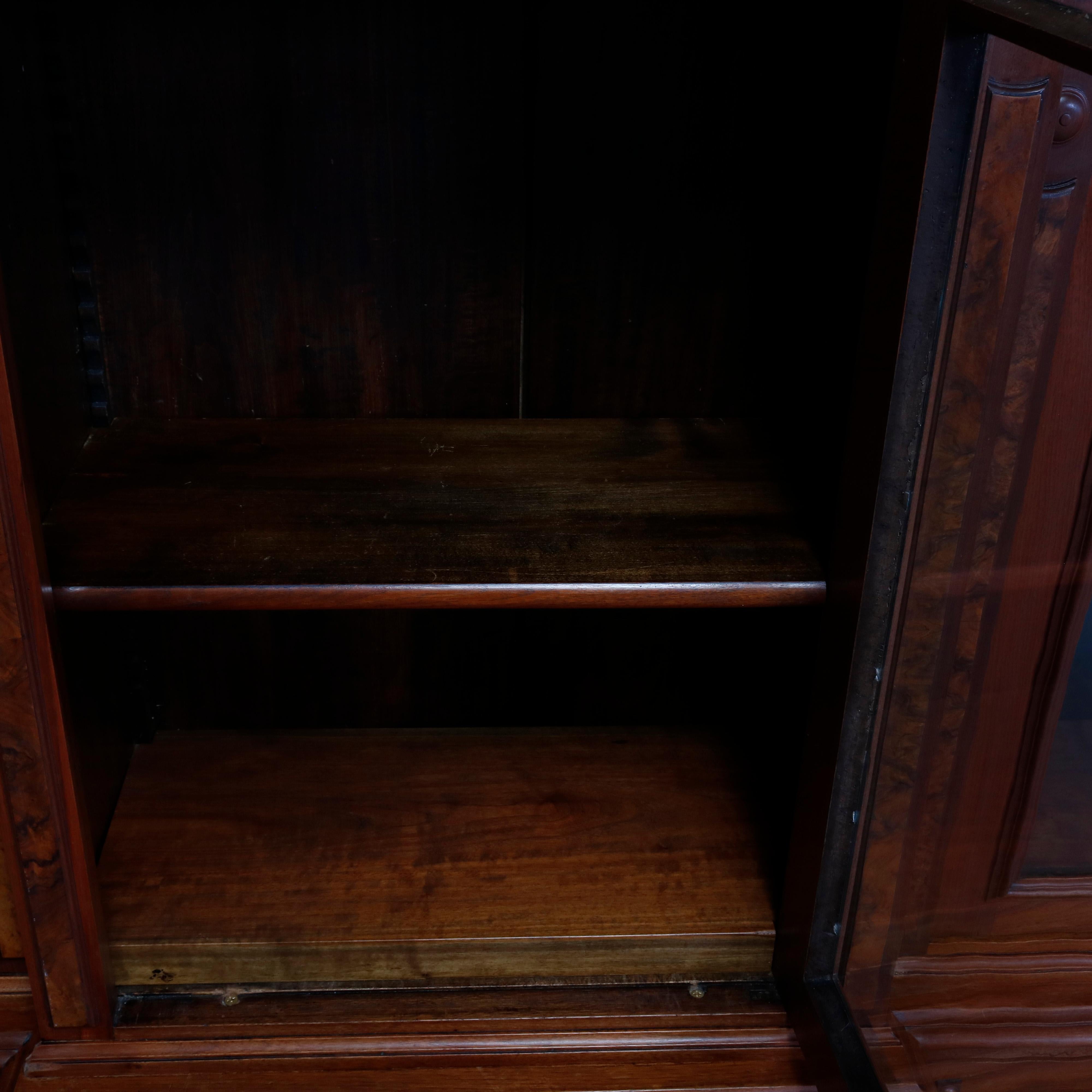 Large Victorian Carved Walnut and Burl Enclosed 3-Section Bookcase, circa 1890 7