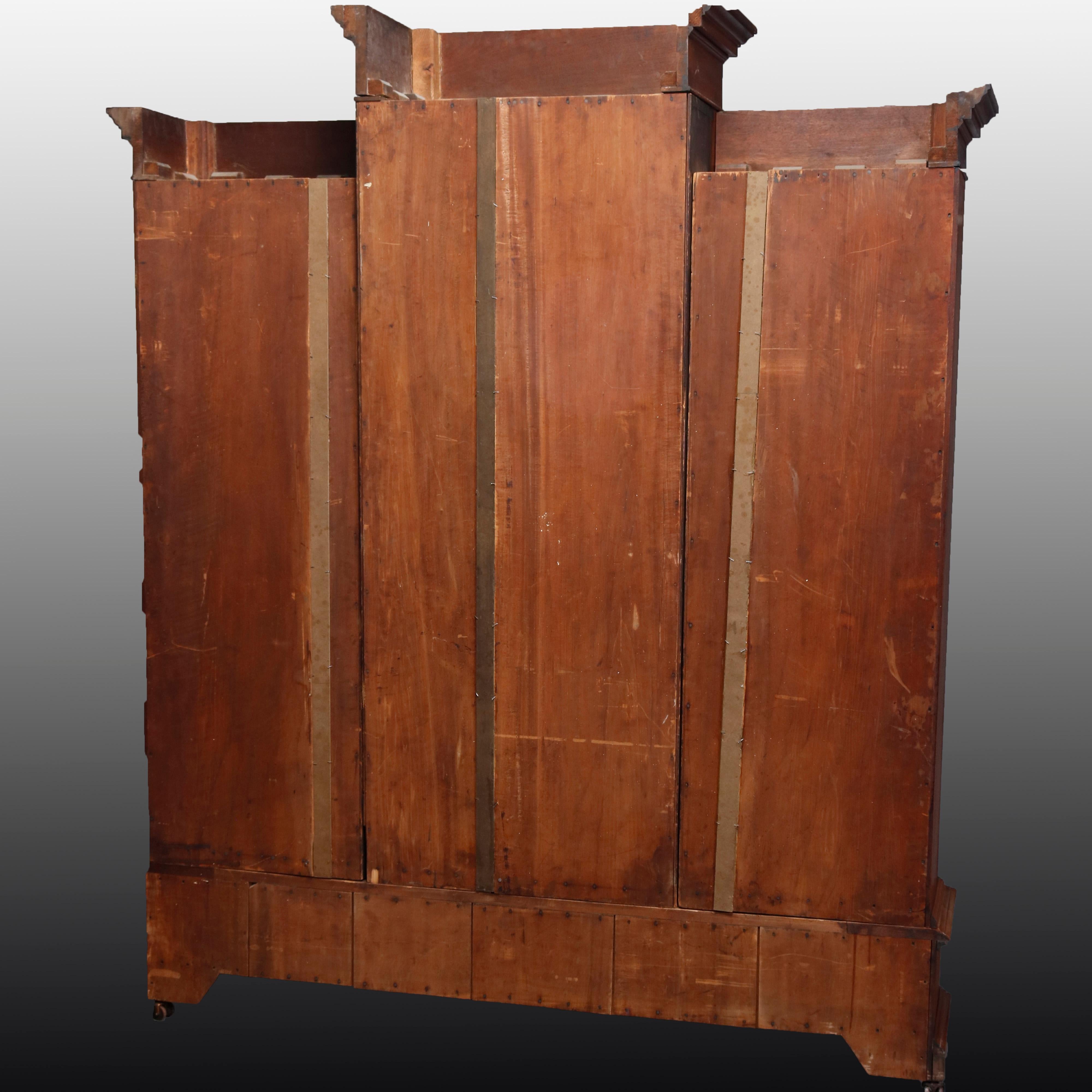 Large Victorian Carved Walnut and Burl Enclosed 3-Section Bookcase, circa 1890 13