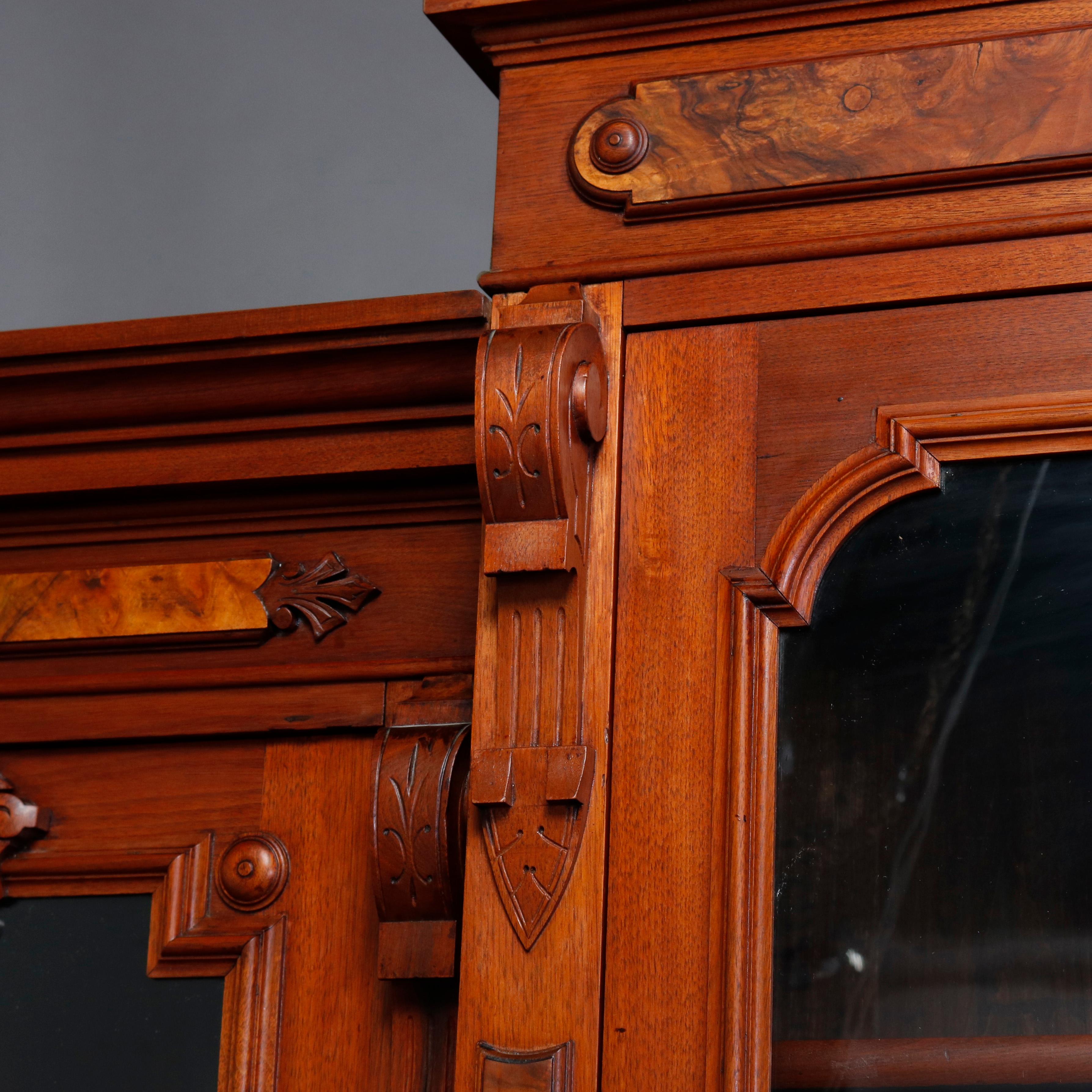 Large Victorian Carved Walnut and Burl Enclosed 3-Section Bookcase, circa 1890 1