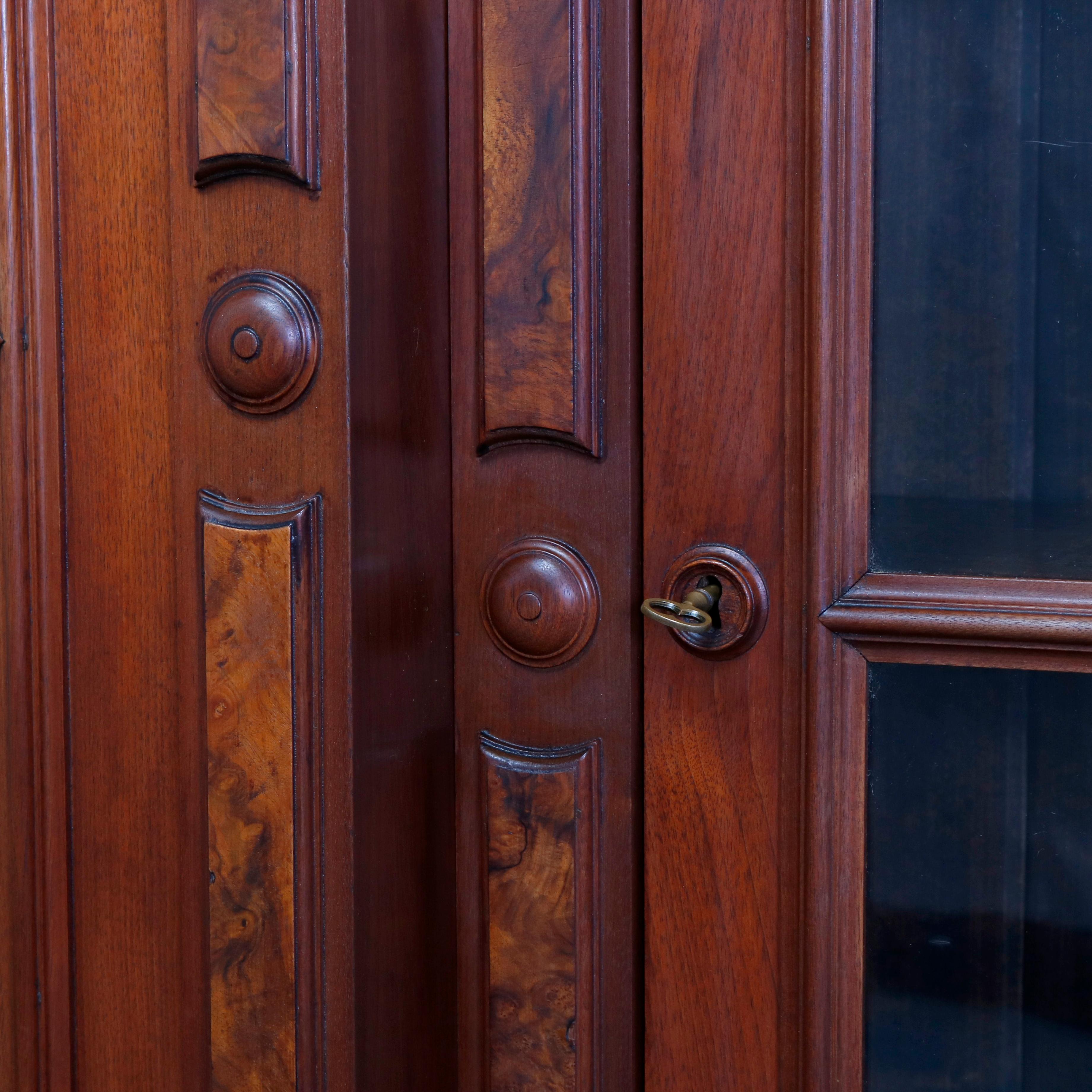 Large Victorian Carved Walnut and Burl Enclosed 3-Section Bookcase, circa 1890 3