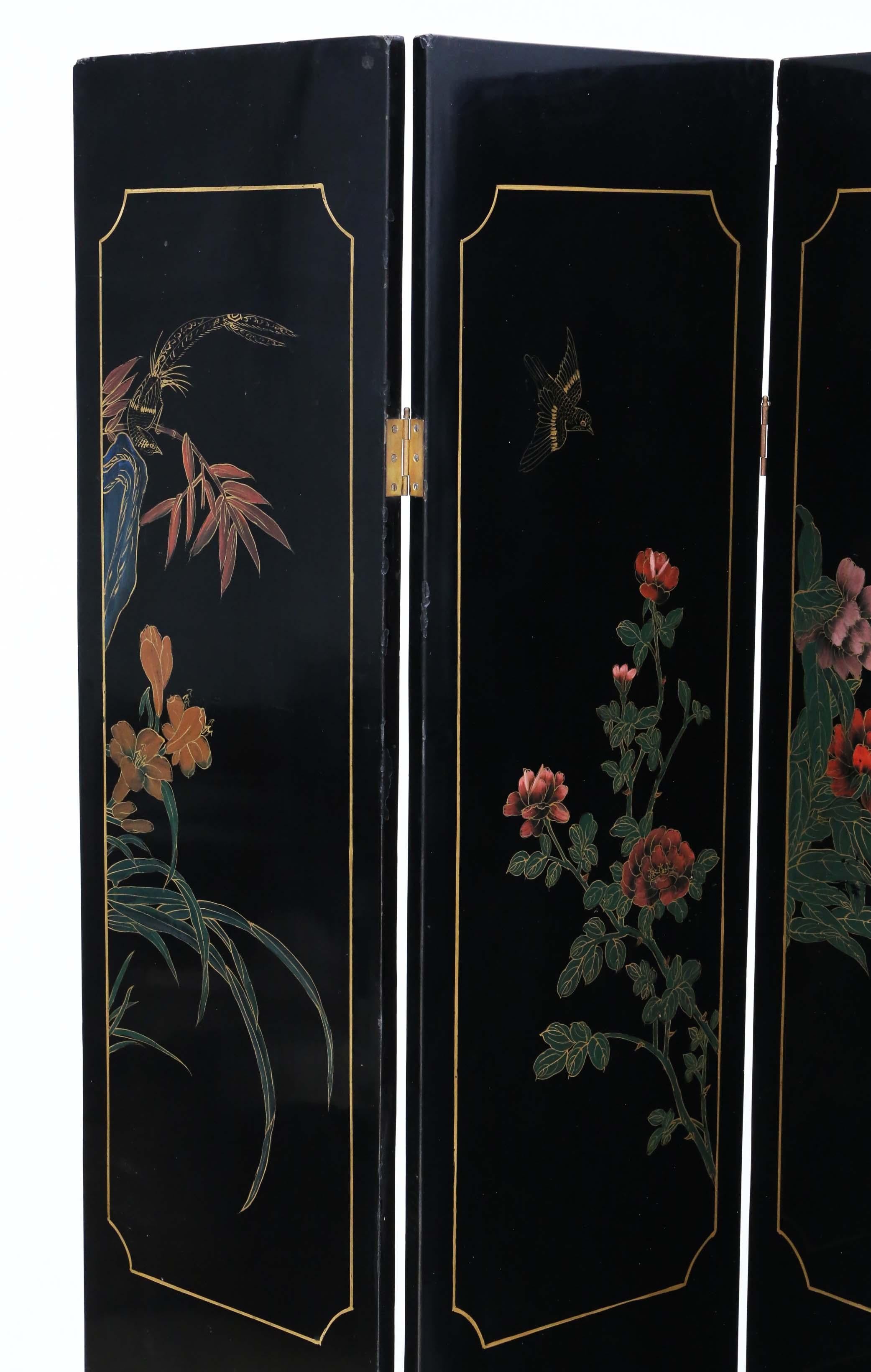 Antico grande paravento vittoriano in lacca nera Chinoiserie - Qualità pregiata in vendita 4