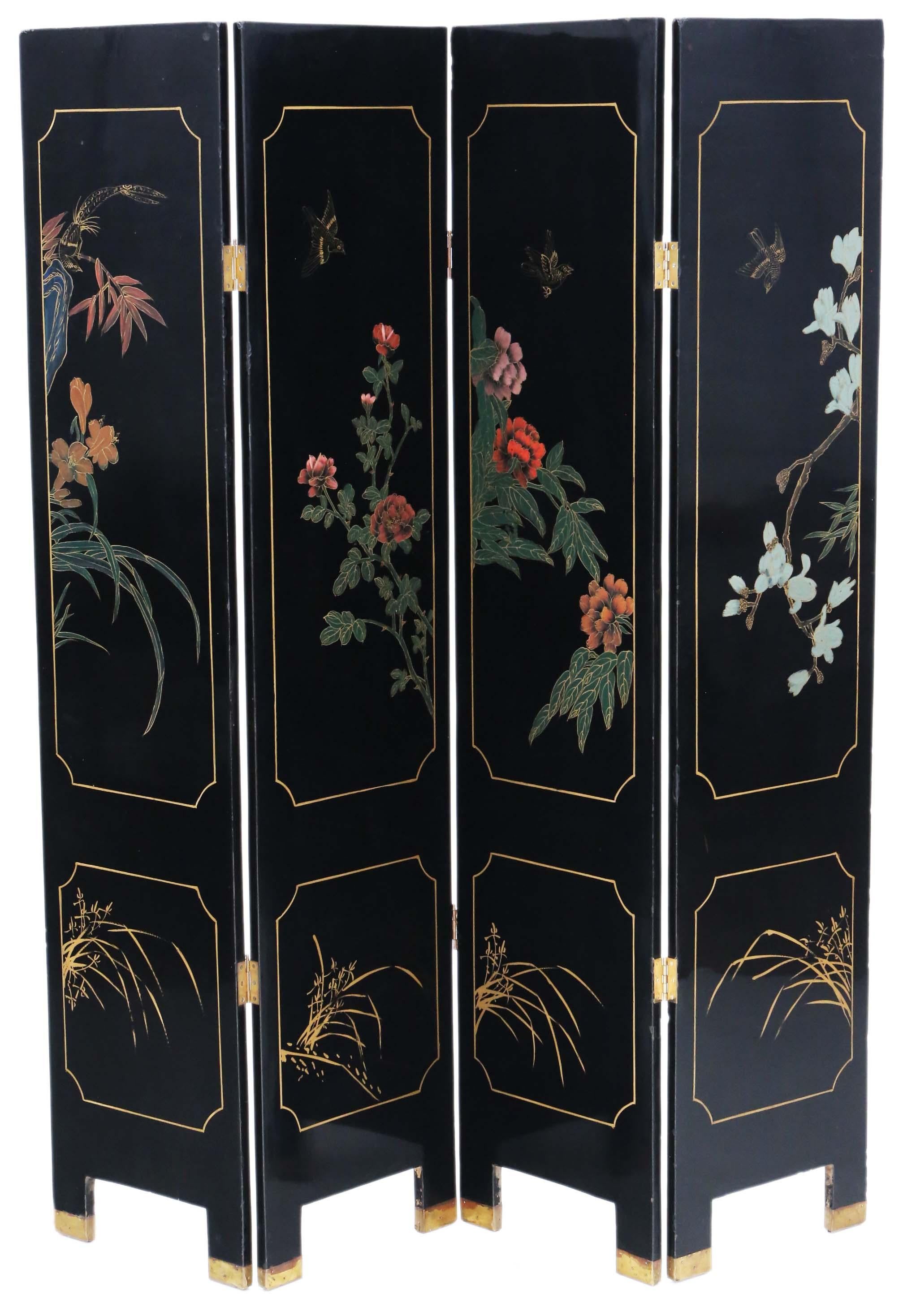 Antico grande paravento vittoriano in cartapesta laccata nera Chinoiserie o divisorio C1900

Questo paravento vittoriano di grande qualità, realizzato intorno al 1900, è caratterizzato da una squisita cartapesta laccata nera con attraenti disegni