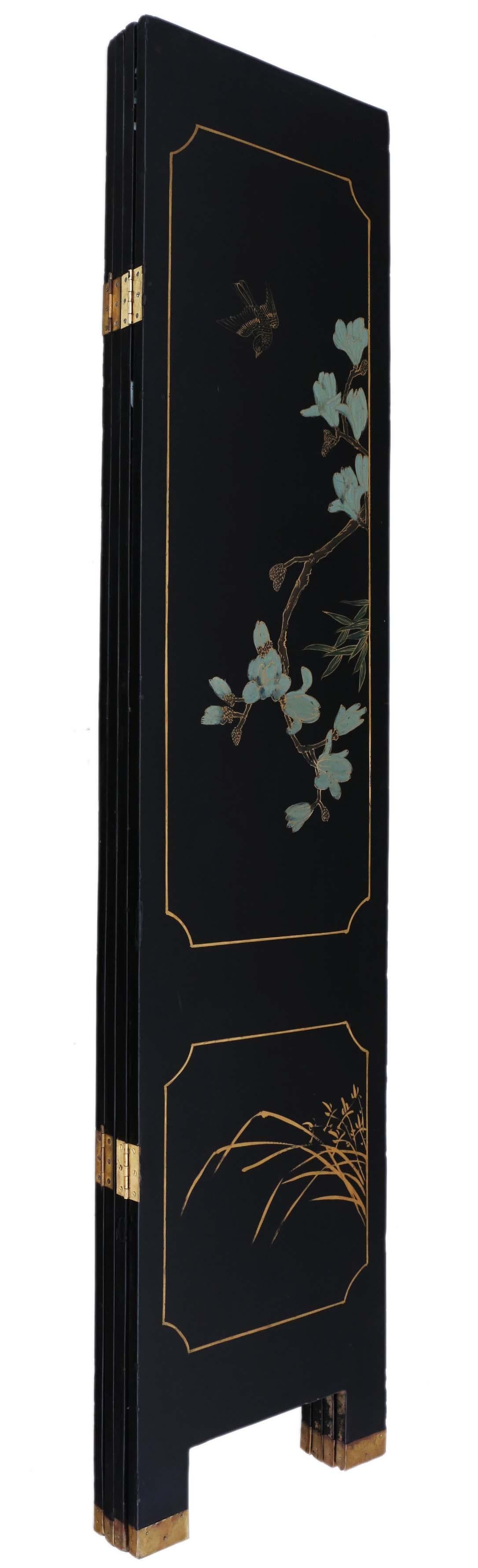Antico grande paravento vittoriano in lacca nera Chinoiserie - Qualità pregiata in vendita 2