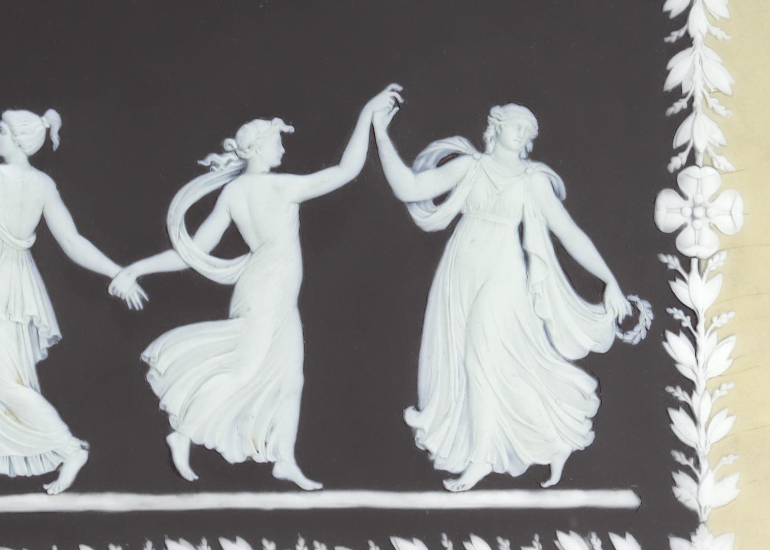 Antique Large Wedgwood Yellow & Black 3-Colored Dancing Hours Jasperware Plaque In Fair Condition For Sale In Philadelphia, PA