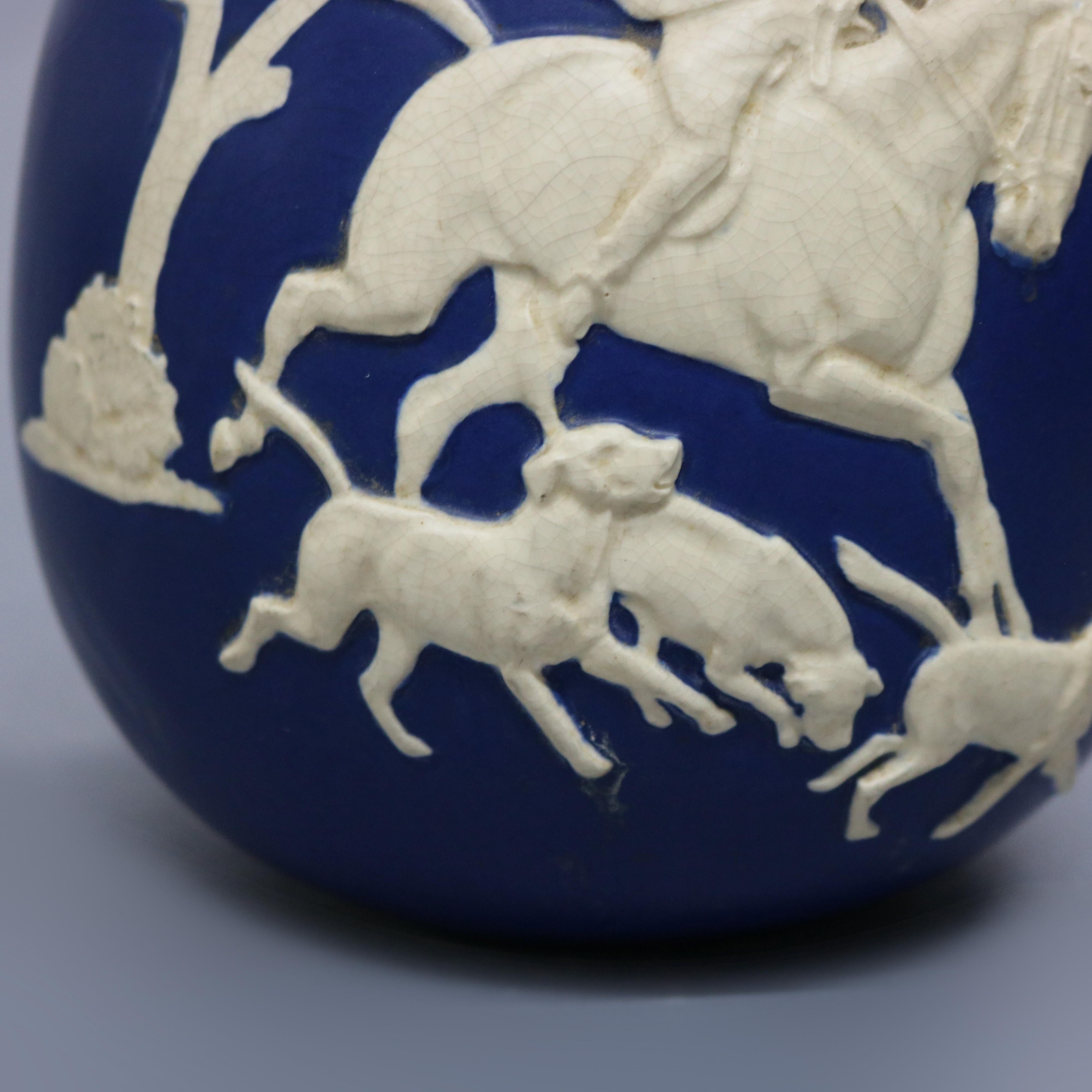 Fired Antique Large Weller Art Pottery Jasperware Fox Hunt Blue & White Vase, c1930