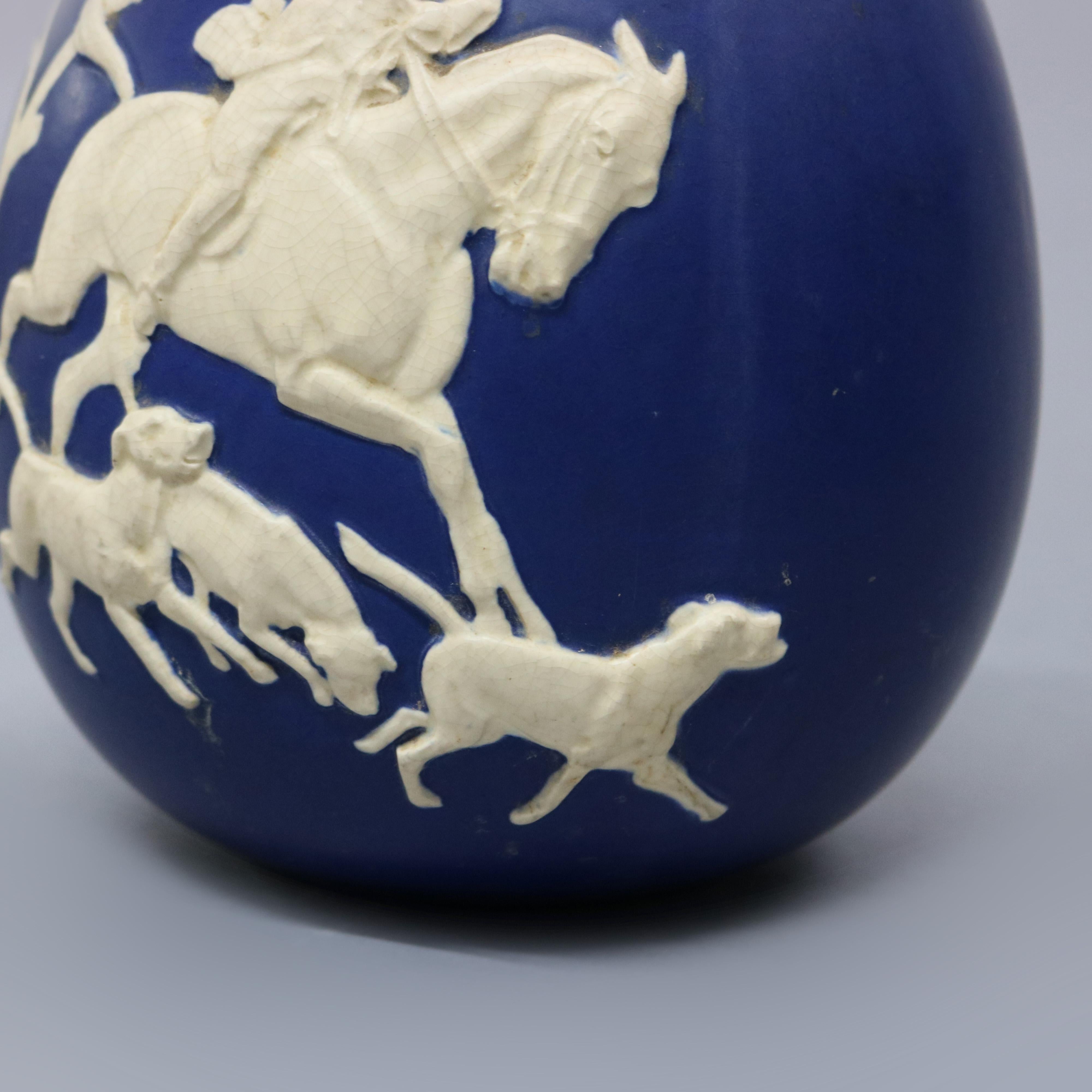 Antique Large Weller Art Pottery Jasperware Fox Hunt Blue & White Vase, c1930 In Good Condition In Big Flats, NY