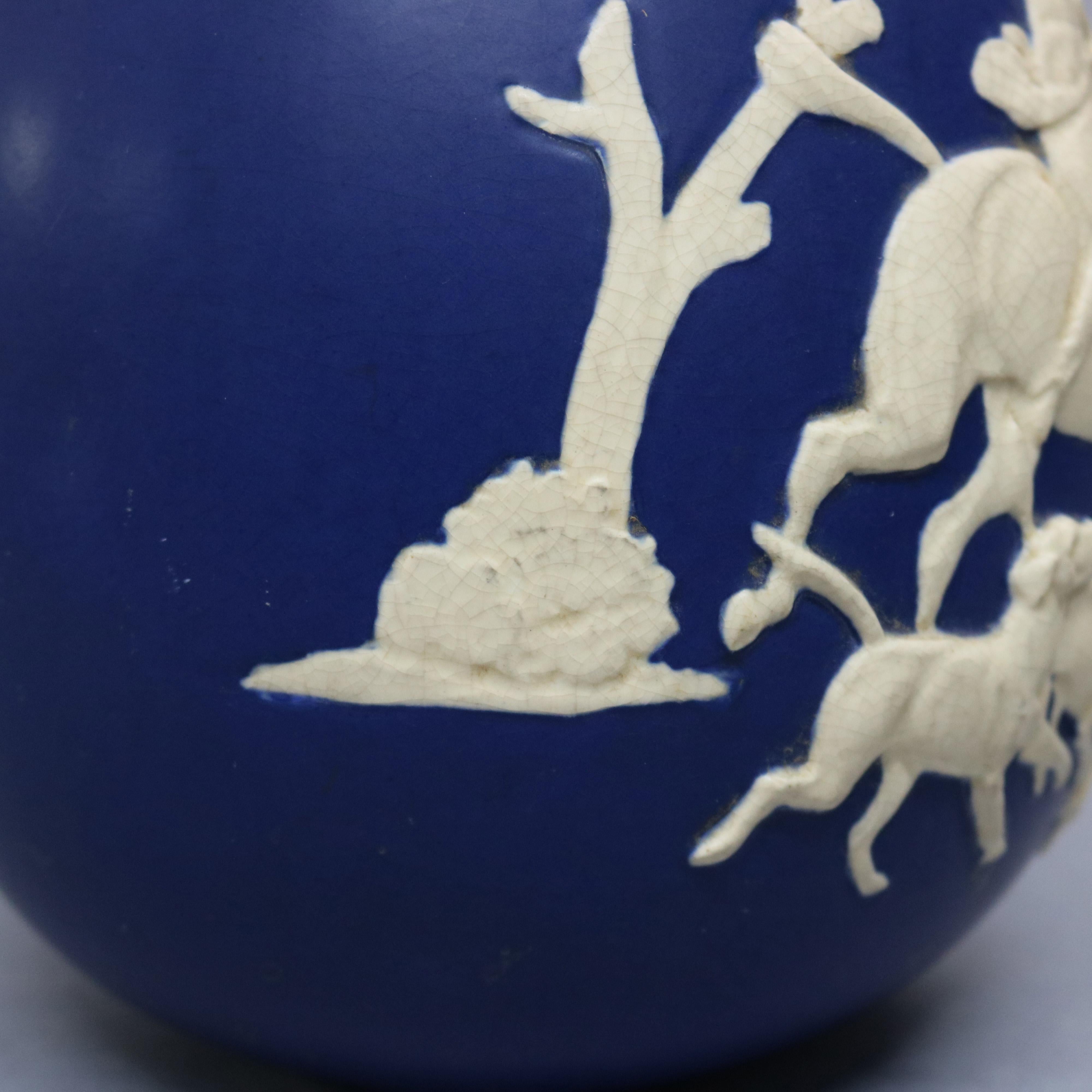 20th Century Antique Large Weller Art Pottery Jasperware Fox Hunt Blue & White Vase, c1930