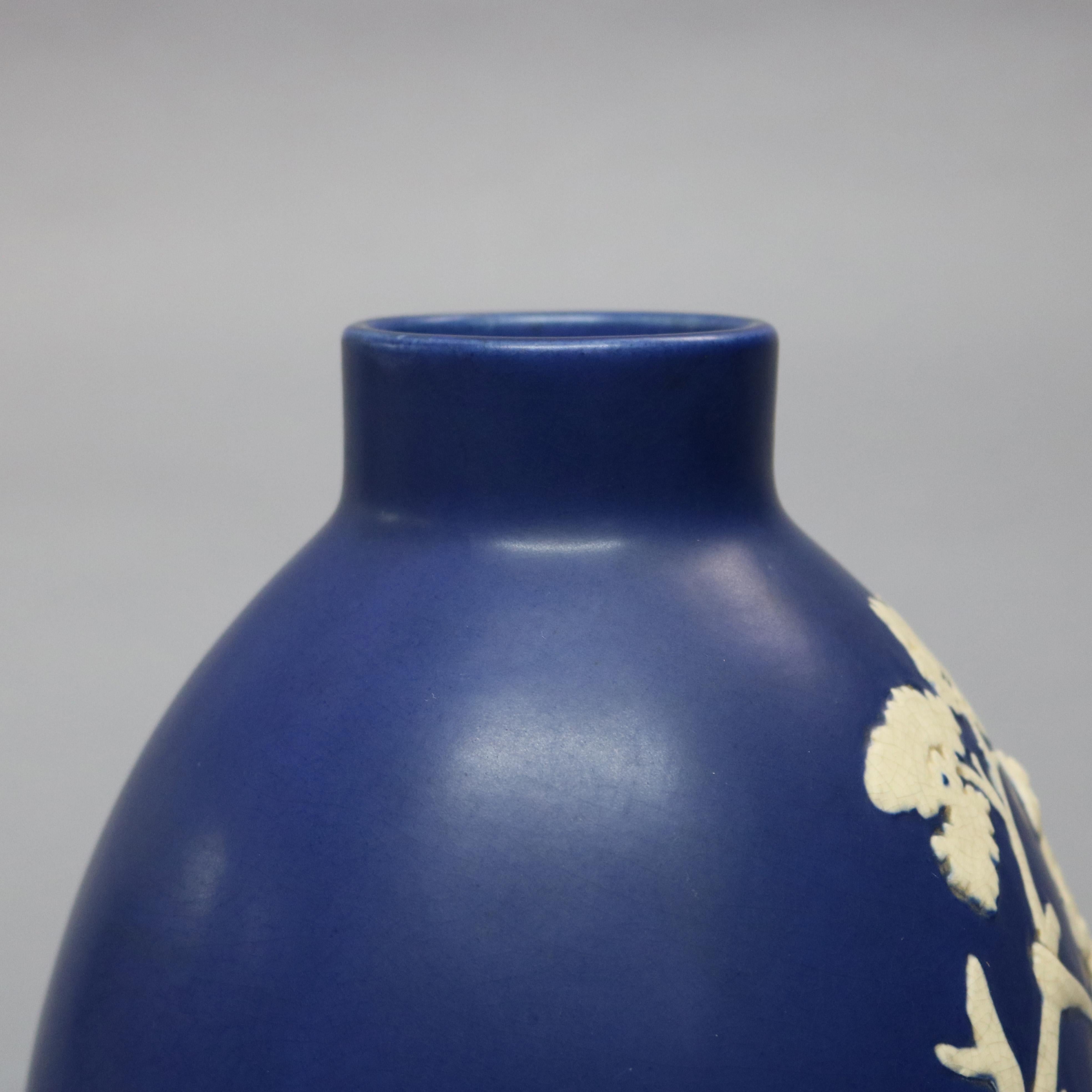Ceramic Antique Large Weller Art Pottery Jasperware Fox Hunt Blue & White Vase, c1930