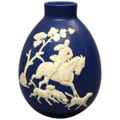 Vintage Large Weller Art Pottery Jasperware Fox Hunt Blue & White Vase, c1930