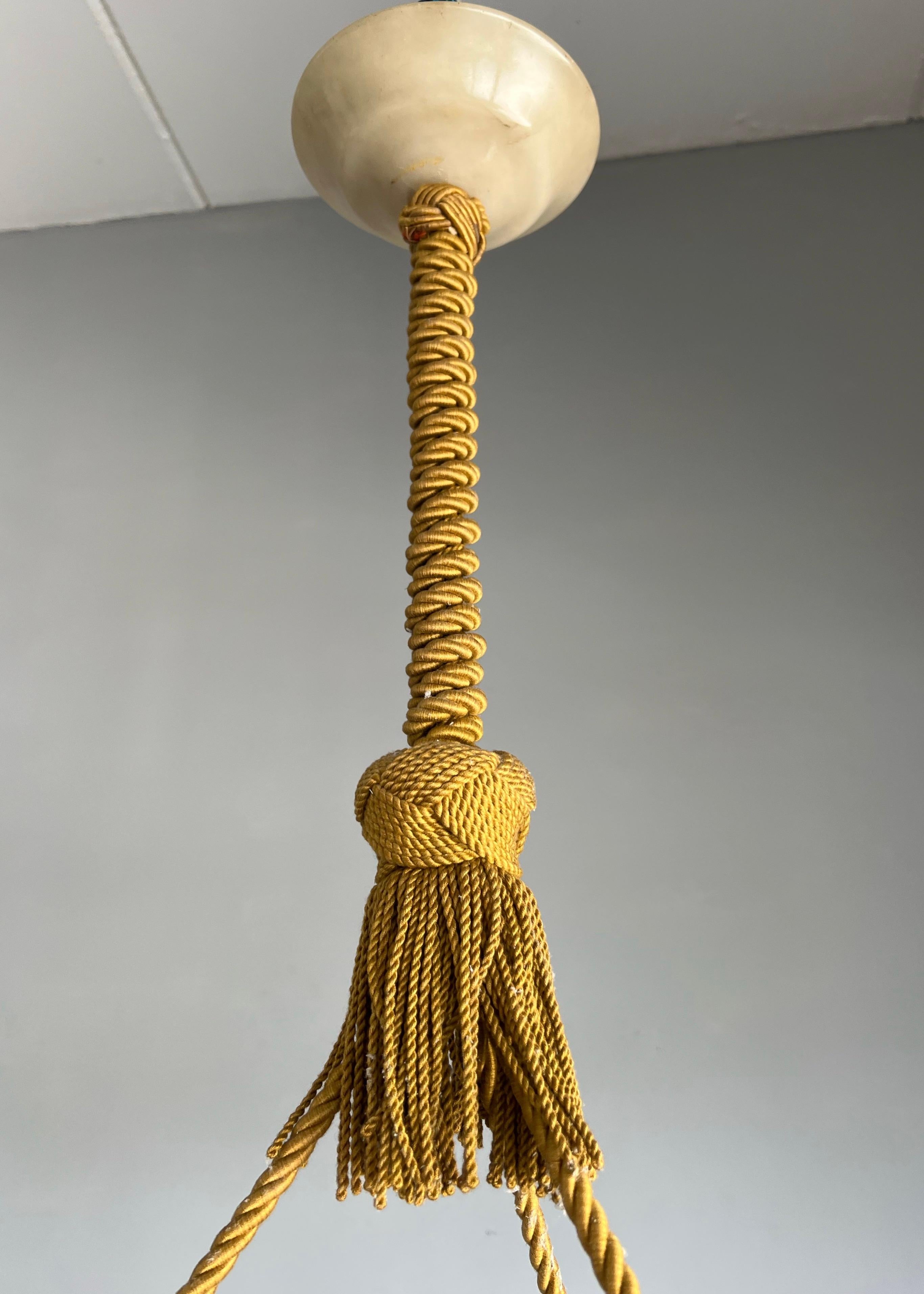Antique Large White Alabaster & Black Veins Chandelier & Canopy with Rope, 1920 4