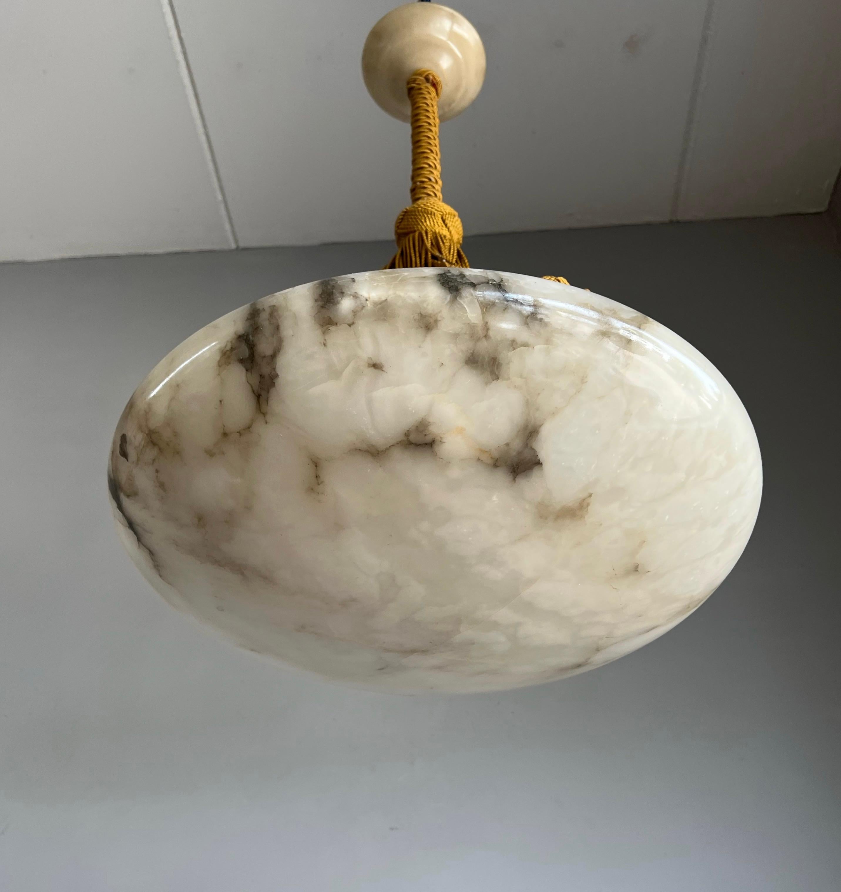 Antique Large White Alabaster & Black Veins Chandelier & Canopy with Rope, 1920 5