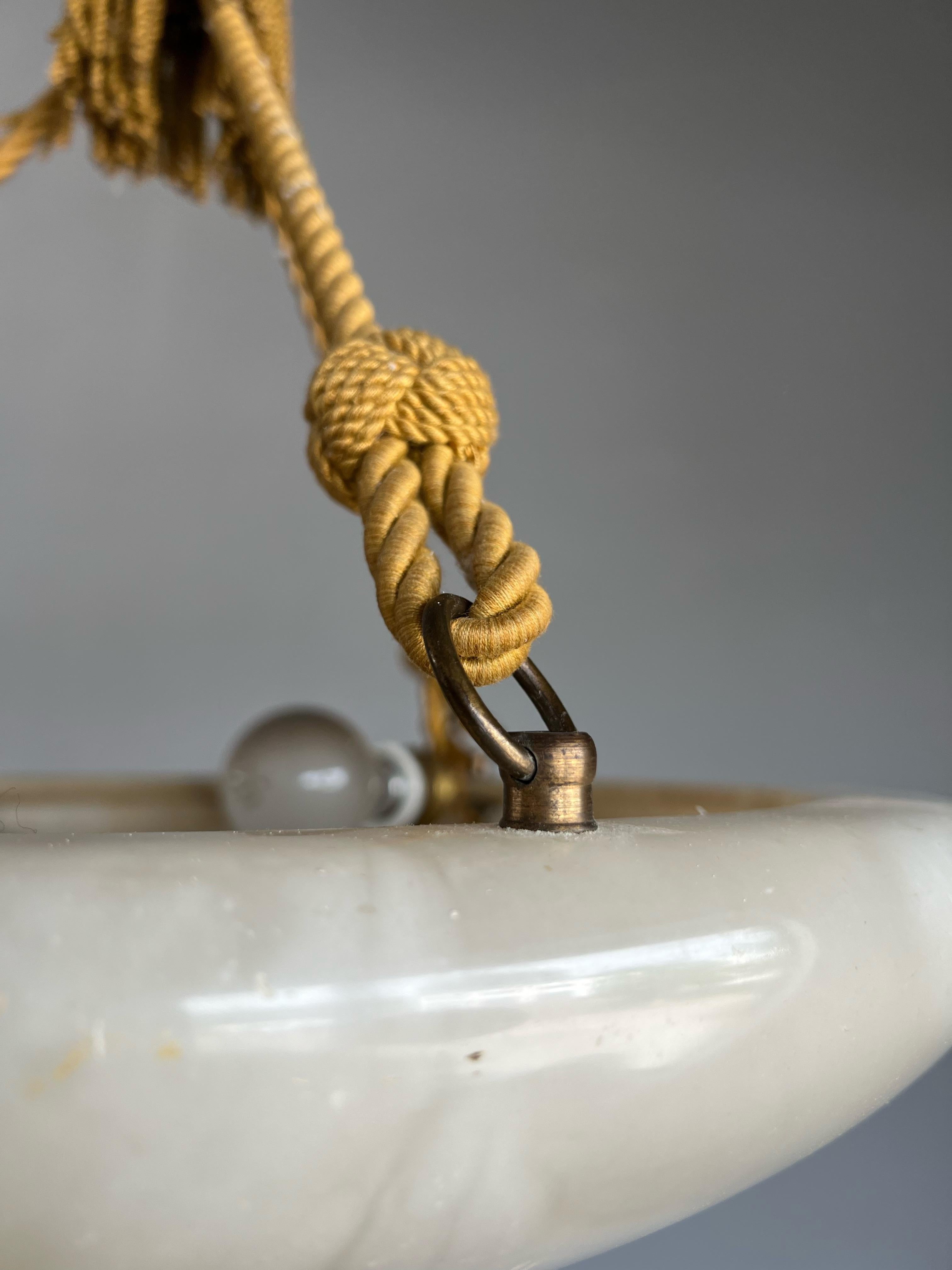 Antique Large White Alabaster & Black Veins Chandelier & Canopy with Rope, 1920 6