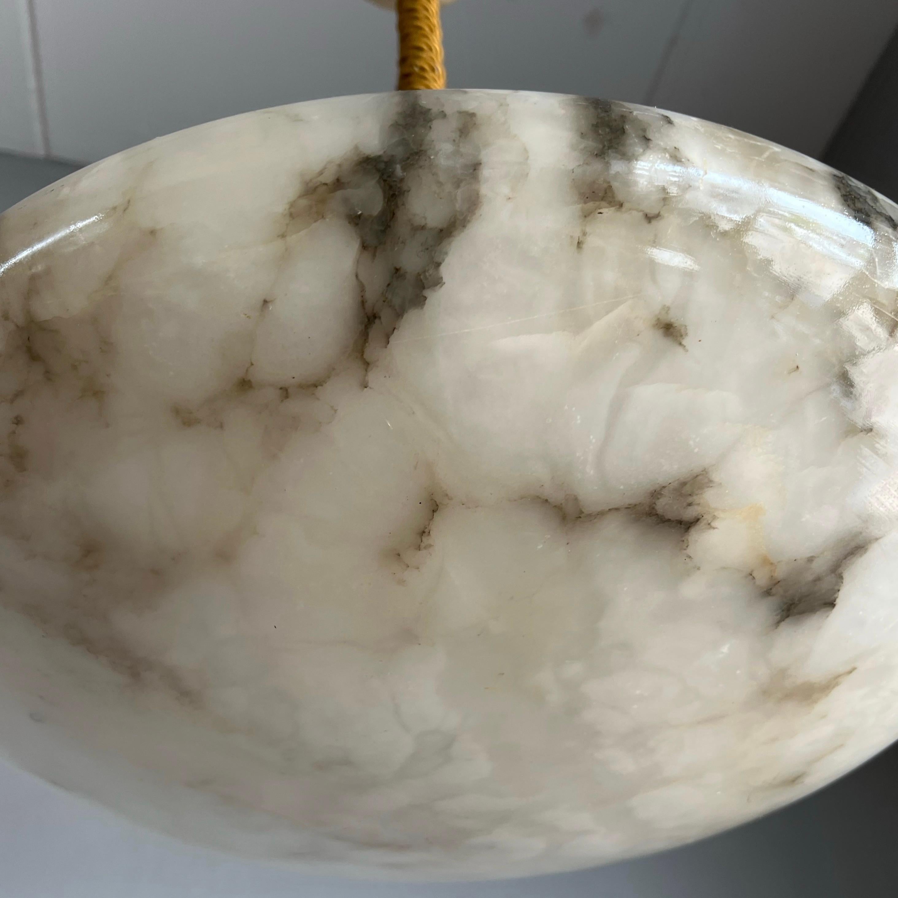 Antique Large White Alabaster & Black Veins Chandelier & Canopy with Rope, 1920 7