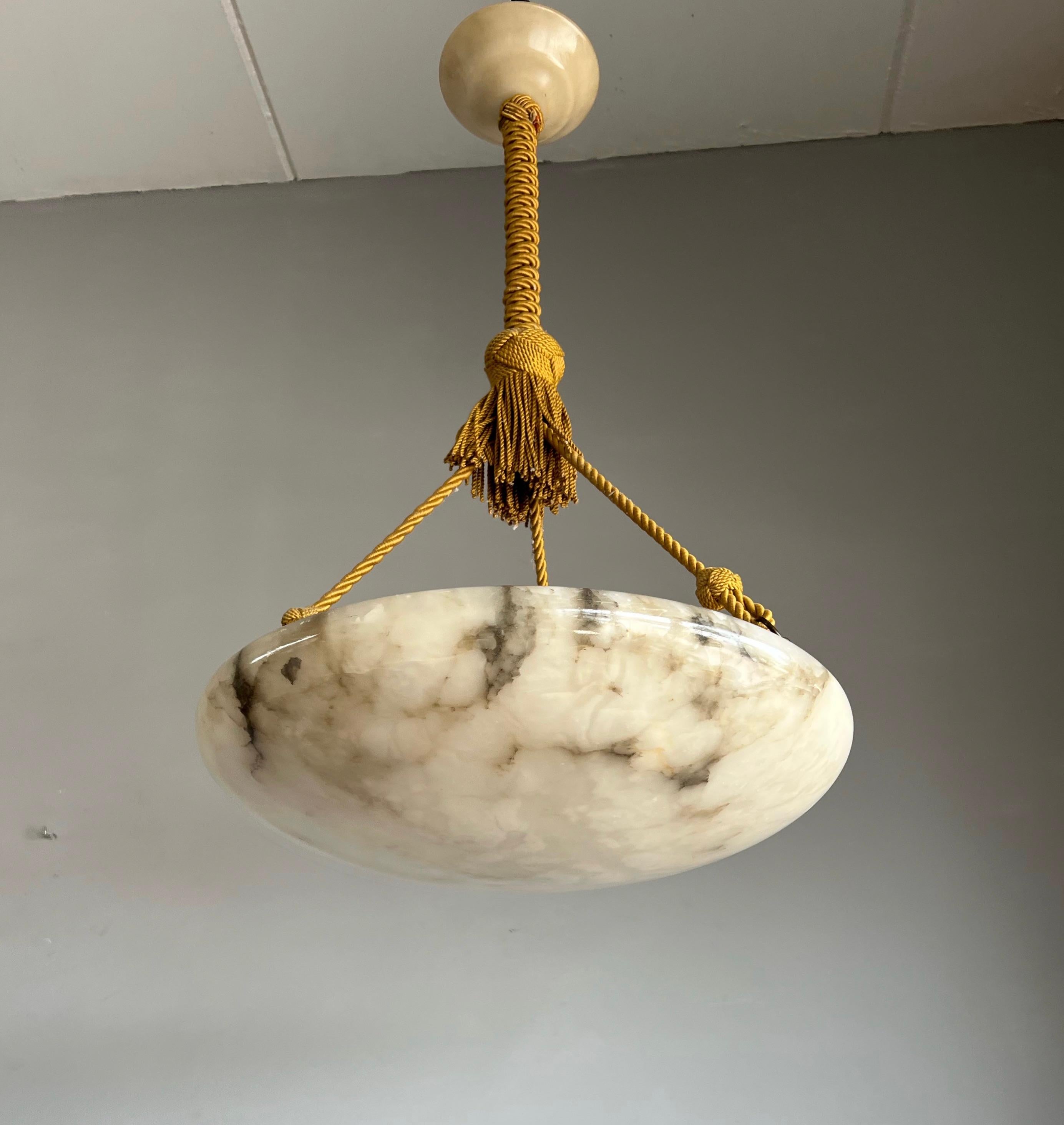 Antique Large White Alabaster & Black Veins Chandelier & Canopy with Rope, 1920 9