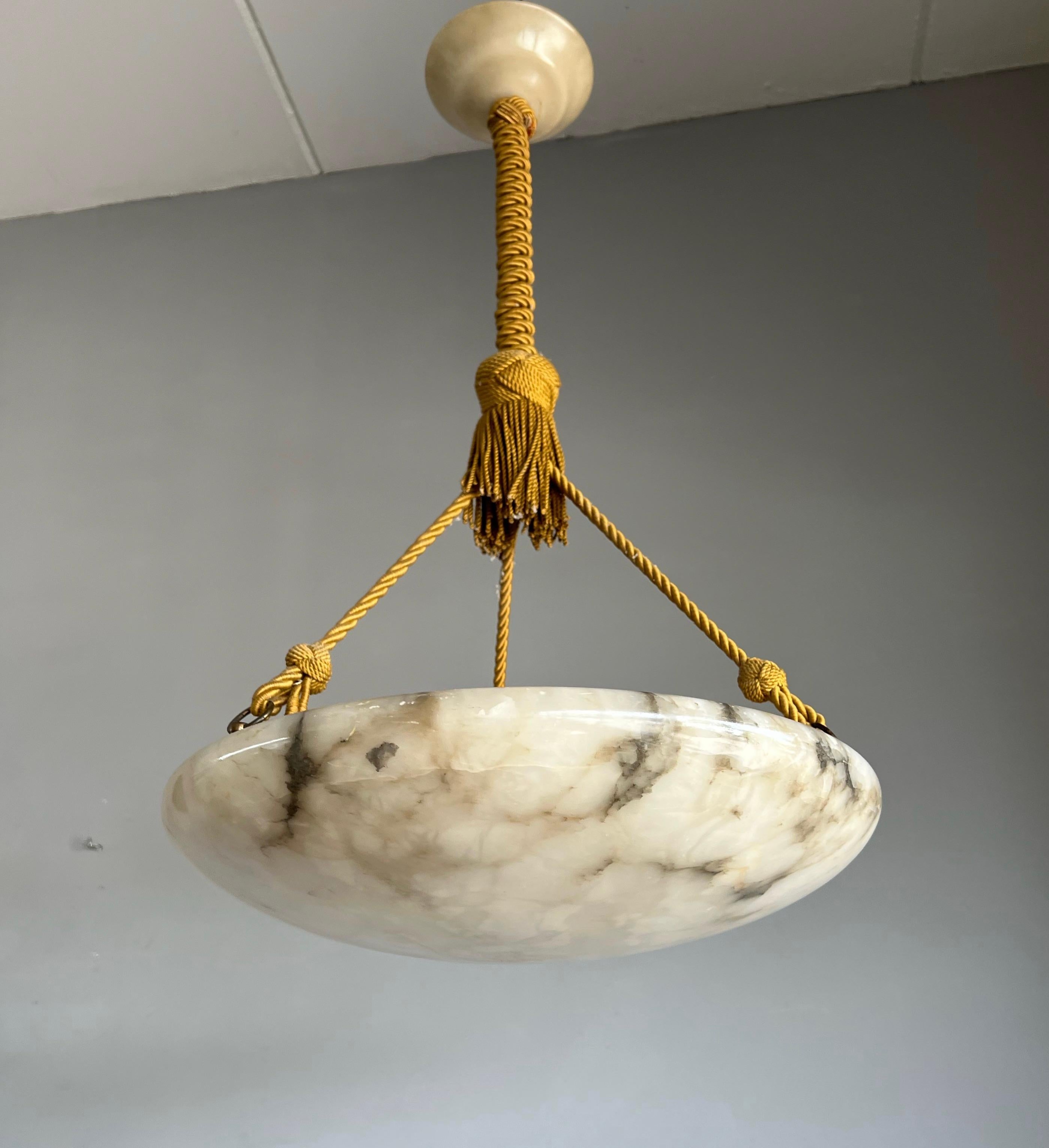 Antique Large White Alabaster & Black Veins Chandelier & Canopy with Rope, 1920 10