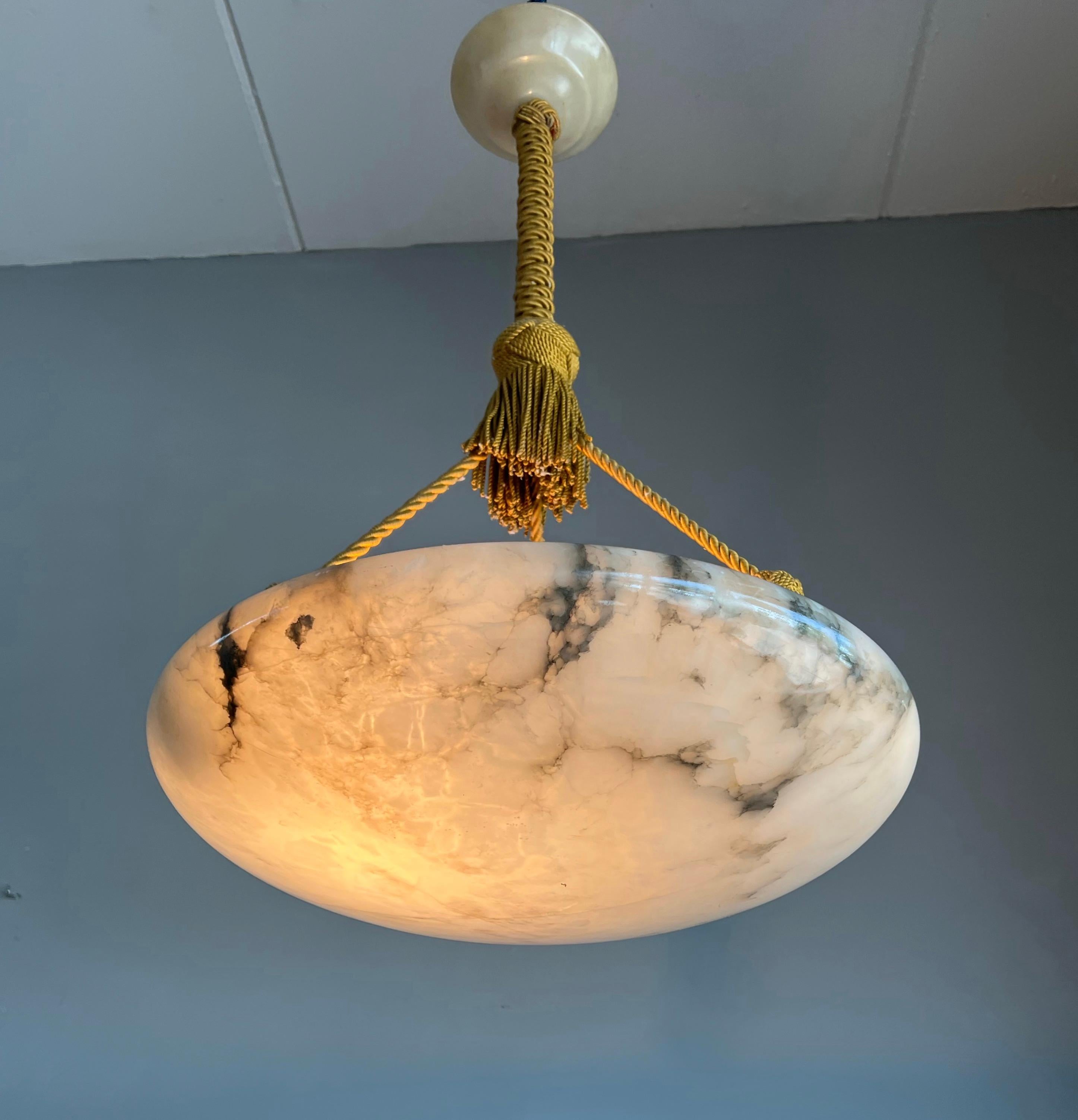 Antique Large White Alabaster & Black Veins Chandelier & Canopy with Rope, 1920 11