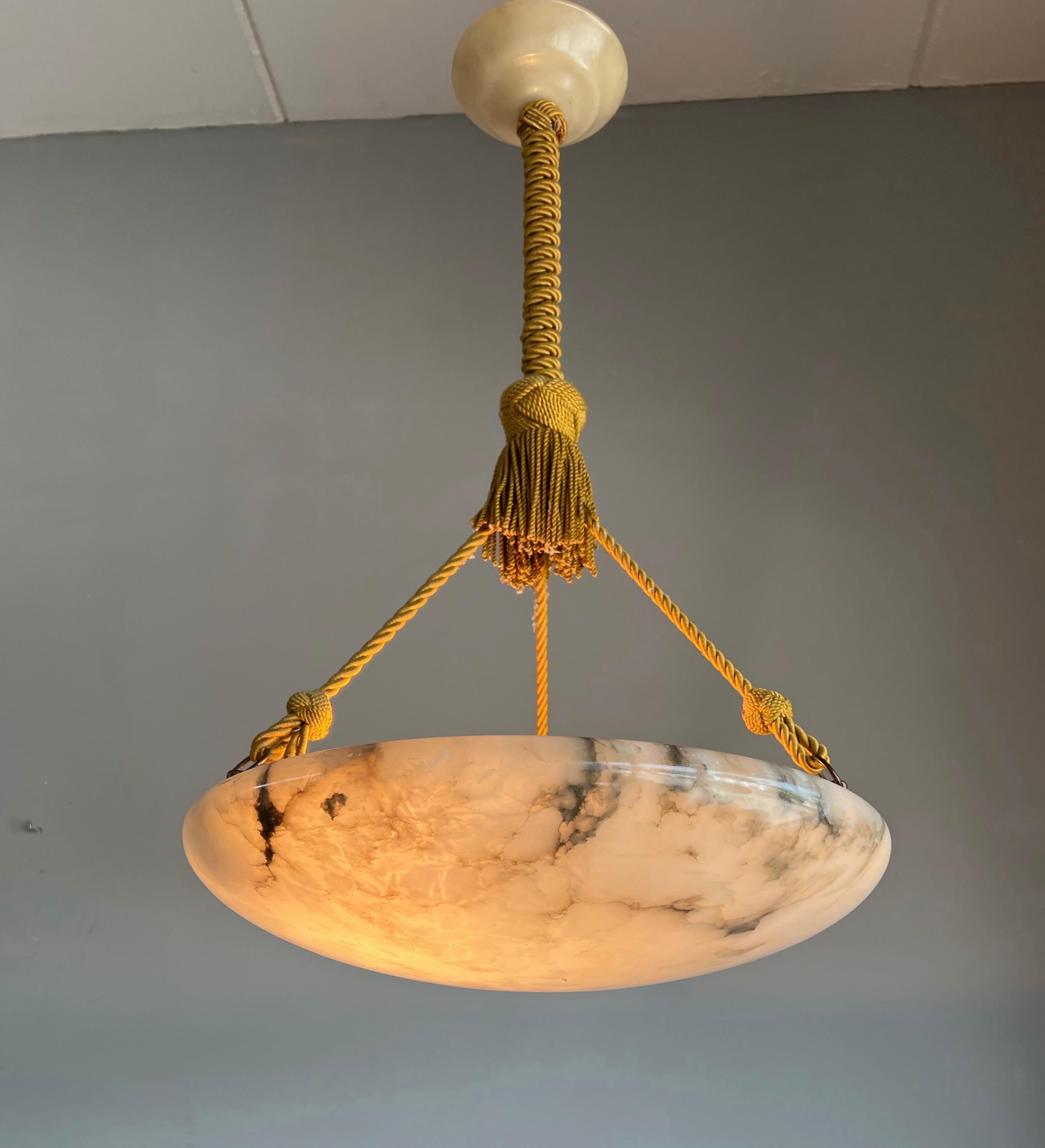 Antique Large White Alabaster & Black Veins Chandelier & Canopy with Rope, 1920 12