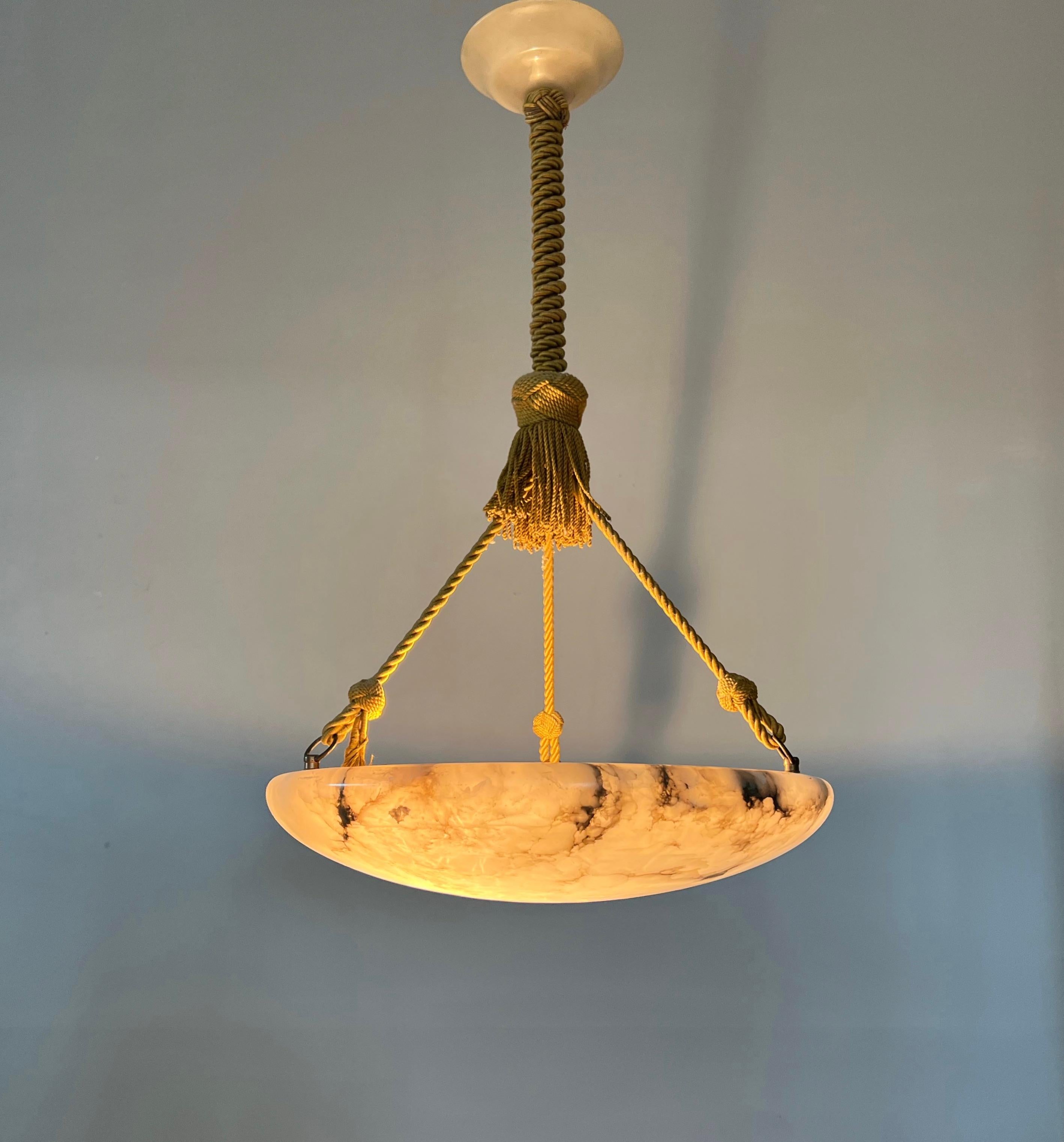 European Antique Large White Alabaster & Black Veins Chandelier & Canopy with Rope, 1920