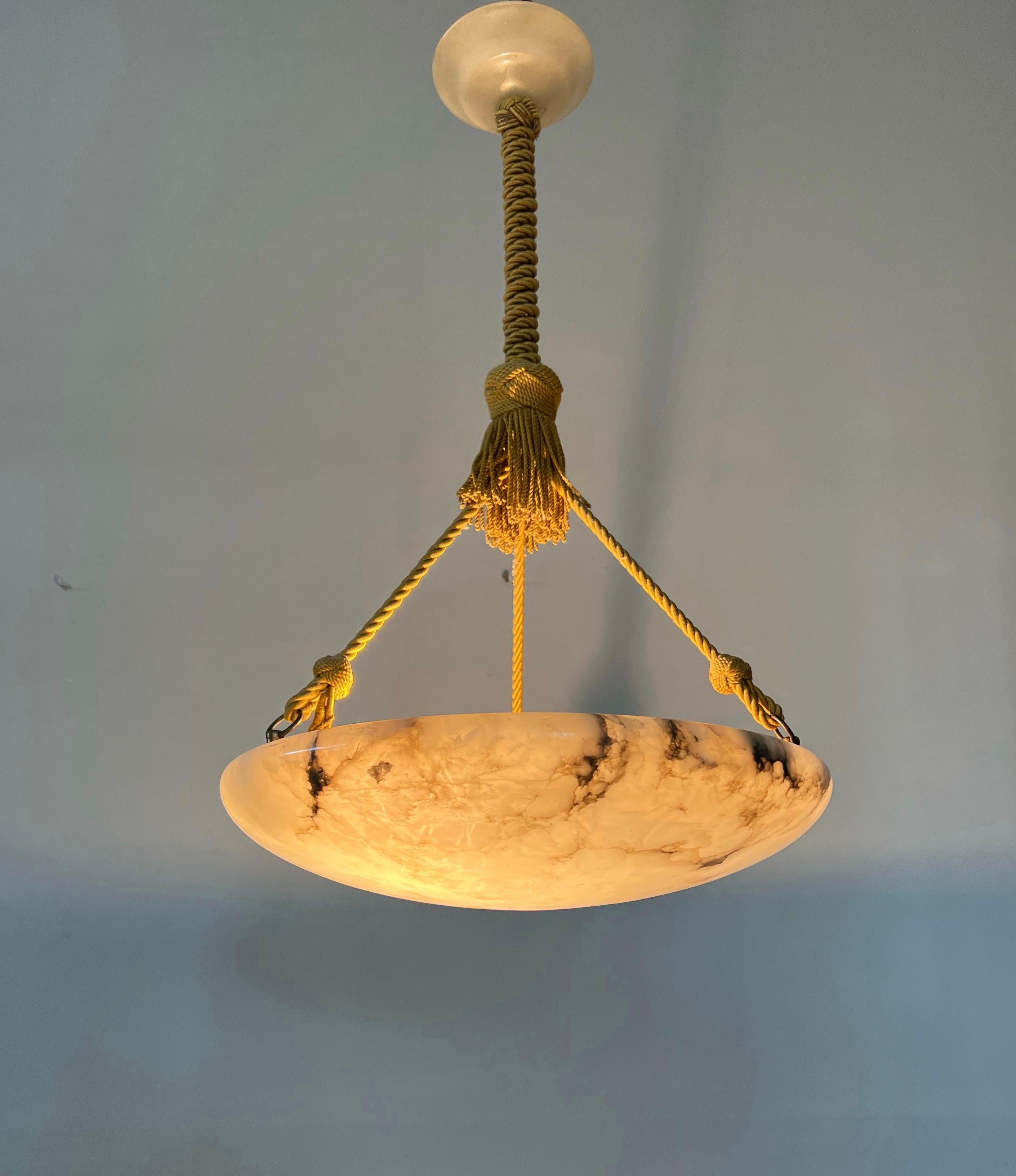 Hand-Carved Antique Large White Alabaster & Black Veins Chandelier & Canopy with Rope, 1920