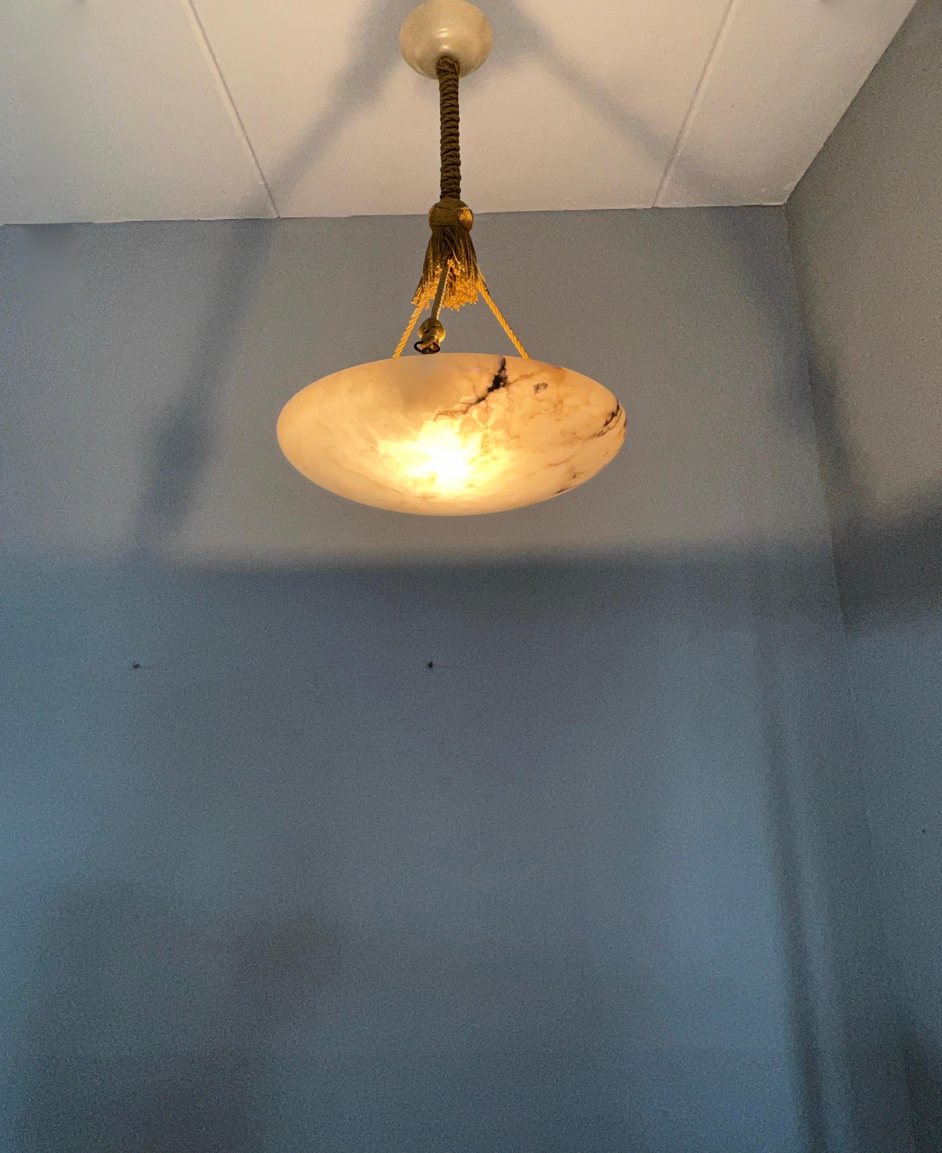 Antique Large White Alabaster & Black Veins Chandelier & Canopy with Rope, 1920 In Good Condition In Lisse, NL