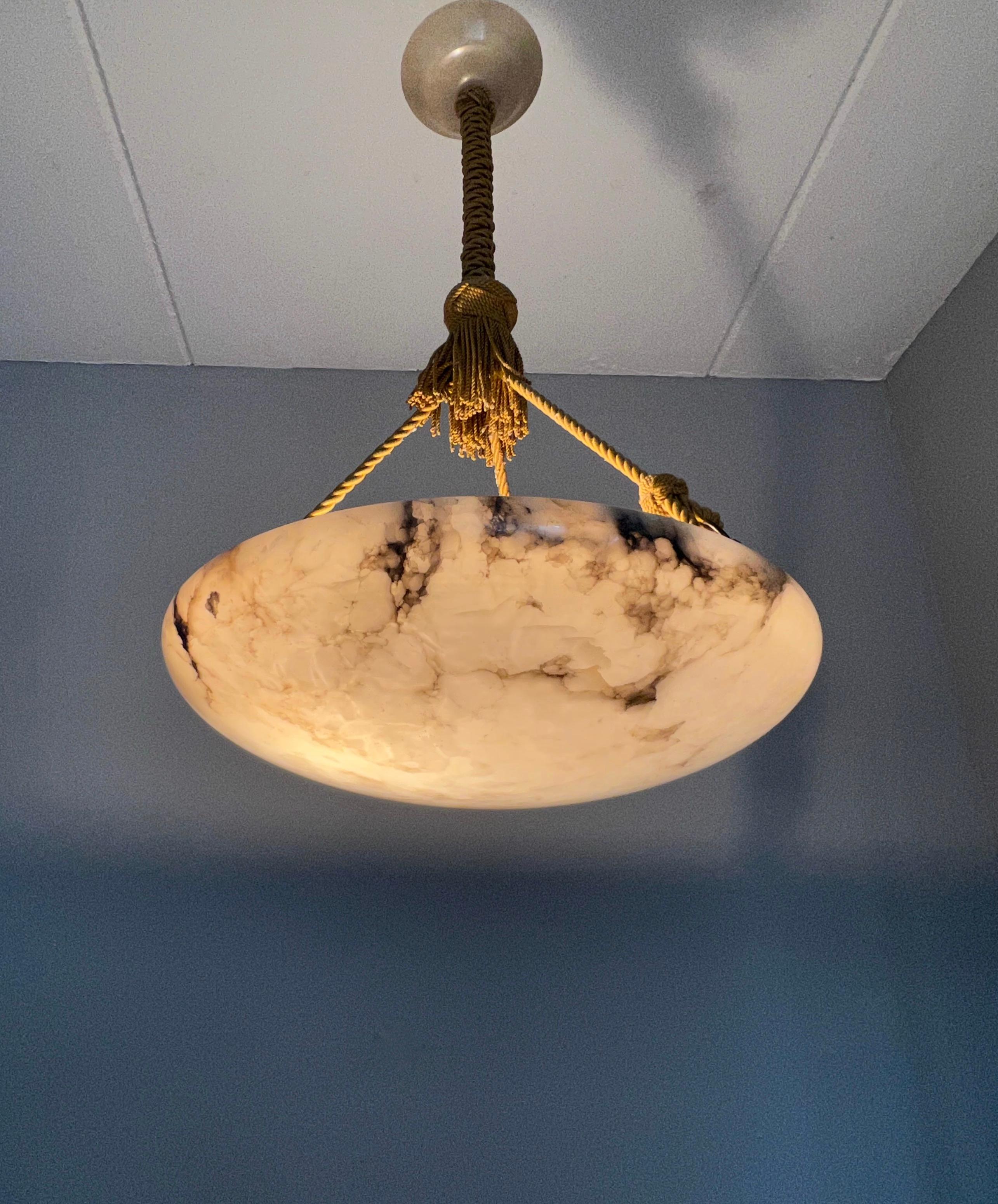 20th Century Antique Large White Alabaster & Black Veins Chandelier & Canopy with Rope, 1920