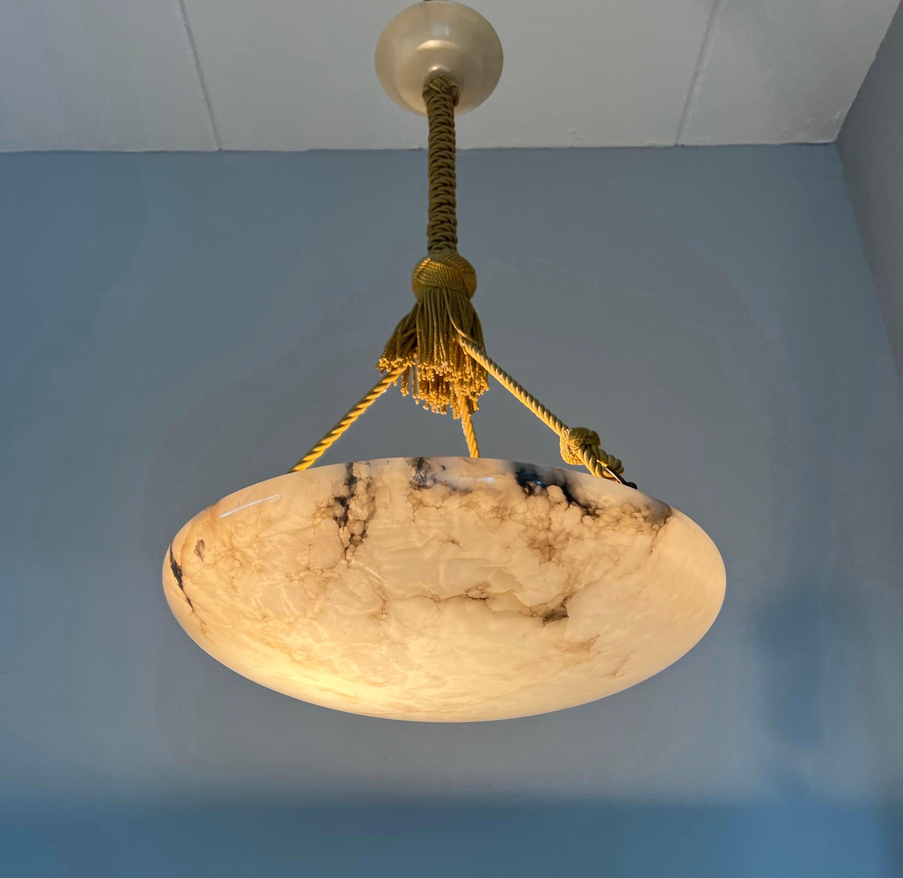 Antique Large White Alabaster & Black Veins Chandelier & Canopy with Rope, 1920 1
