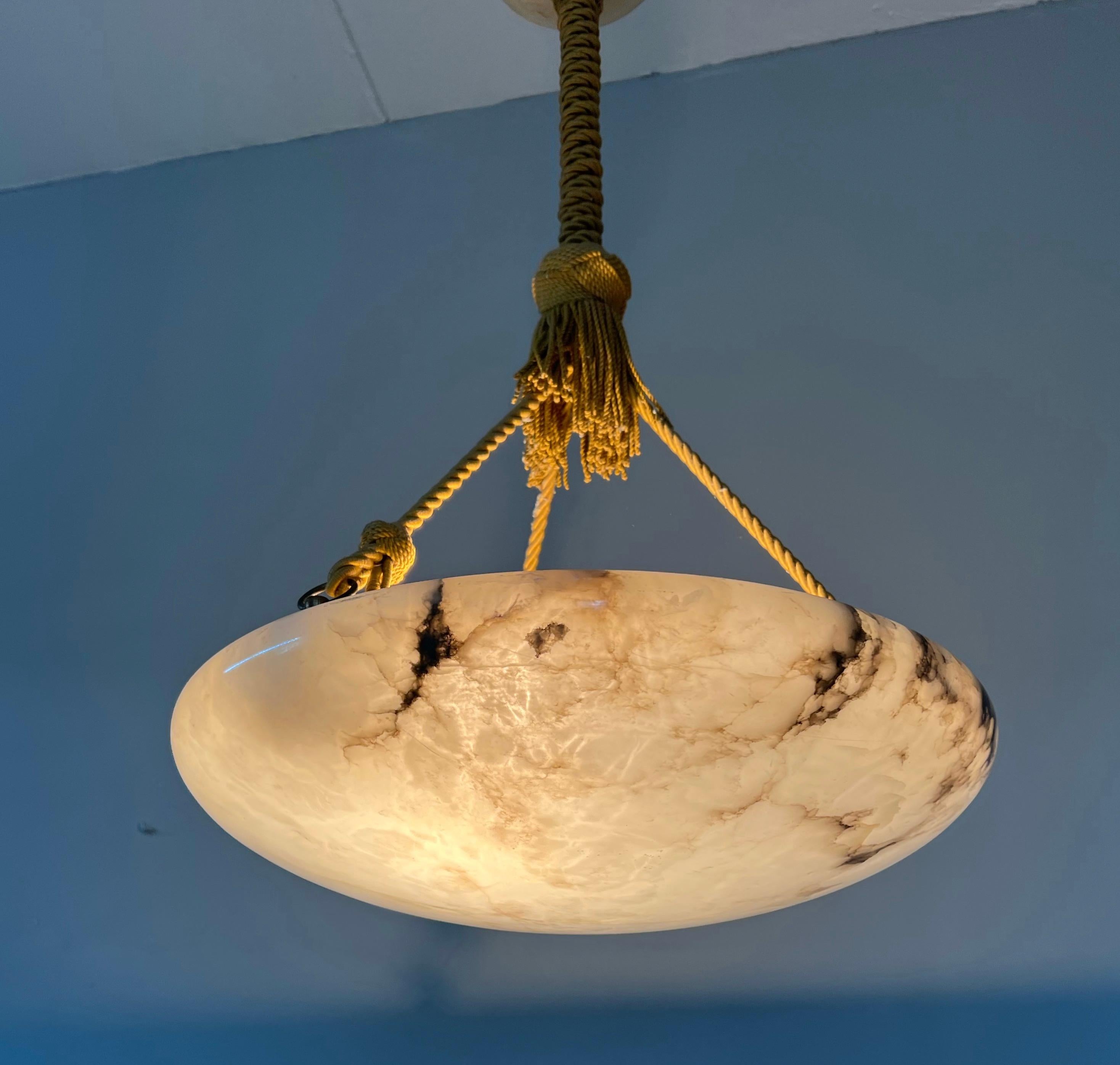 Antique Large White Alabaster & Black Veins Chandelier & Canopy with Rope, 1920 2