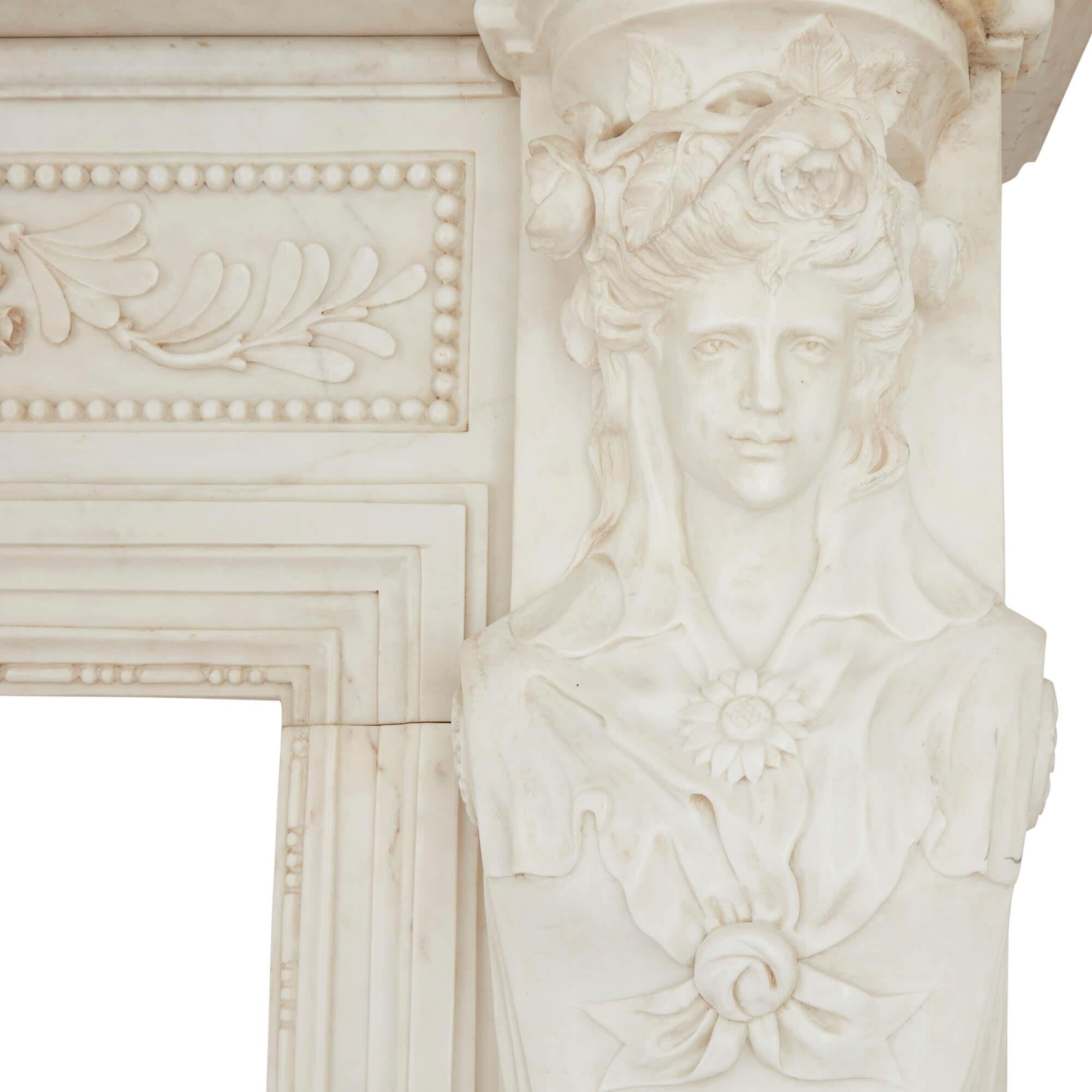 Louis XVI Antique Large White Marble Fireplace, French 19th Century For Sale