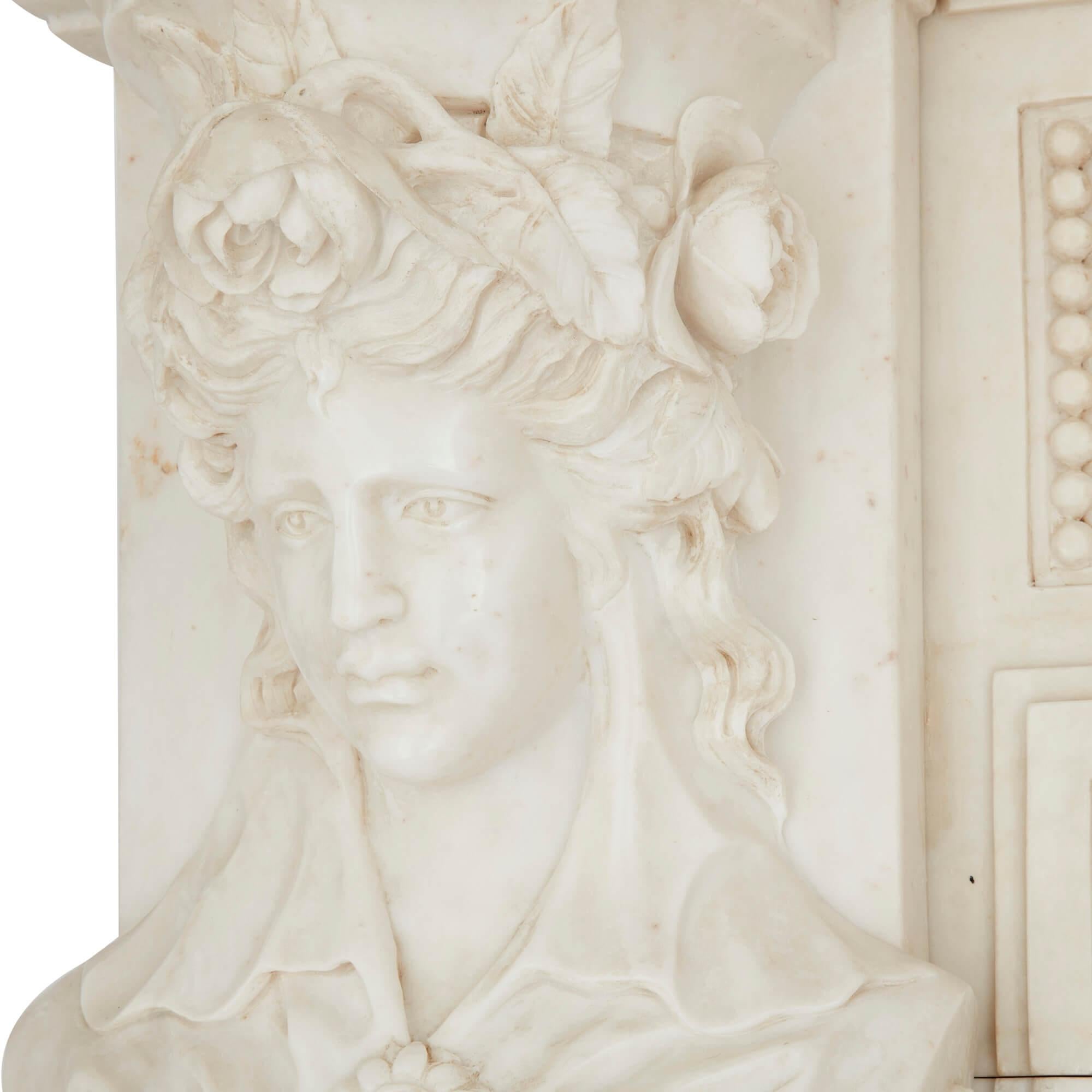 Carved Antique Large White Marble Fireplace, French 19th Century For Sale