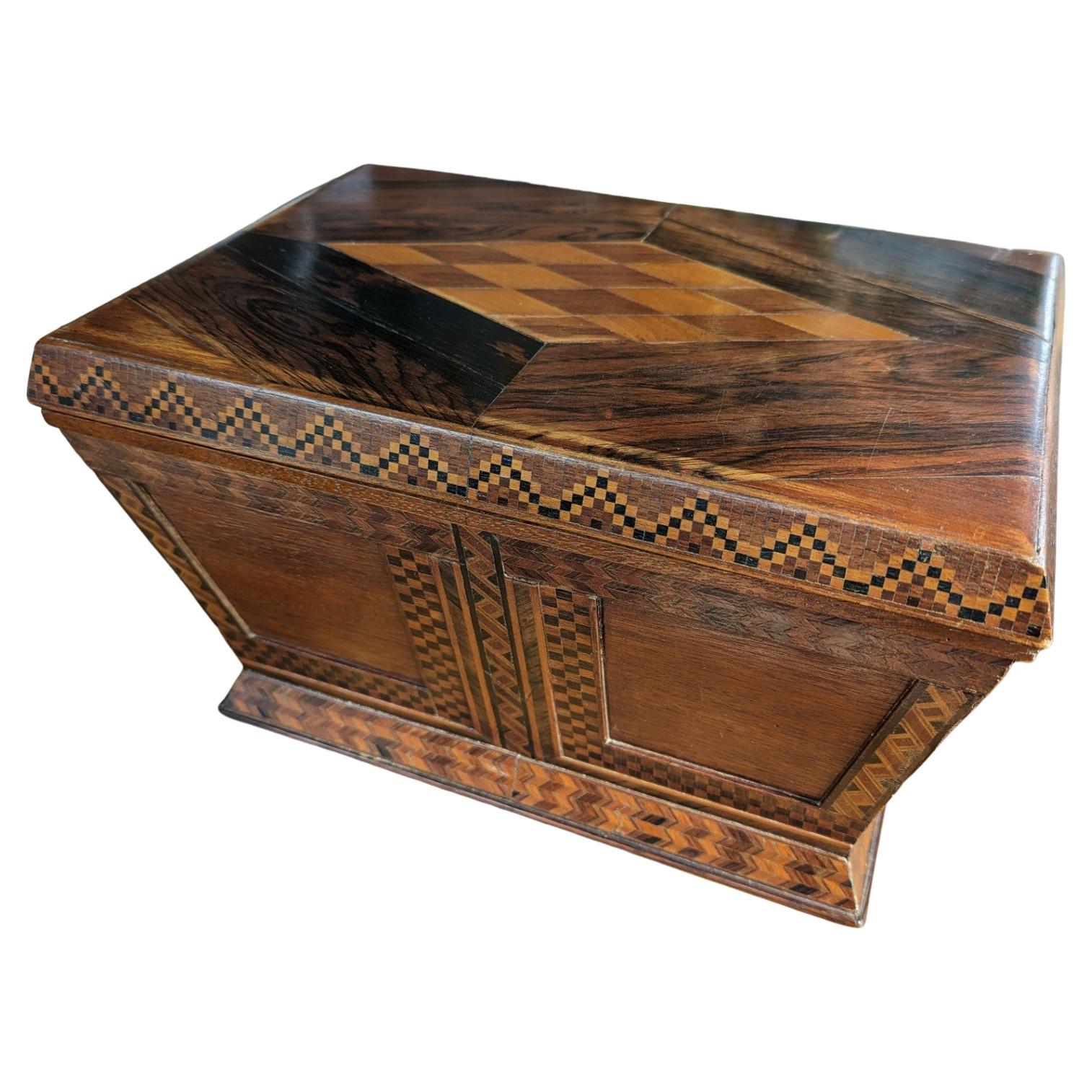 Antique Large Wood Marquetry Inlay Box with Decorative Checkered Design For Sale
