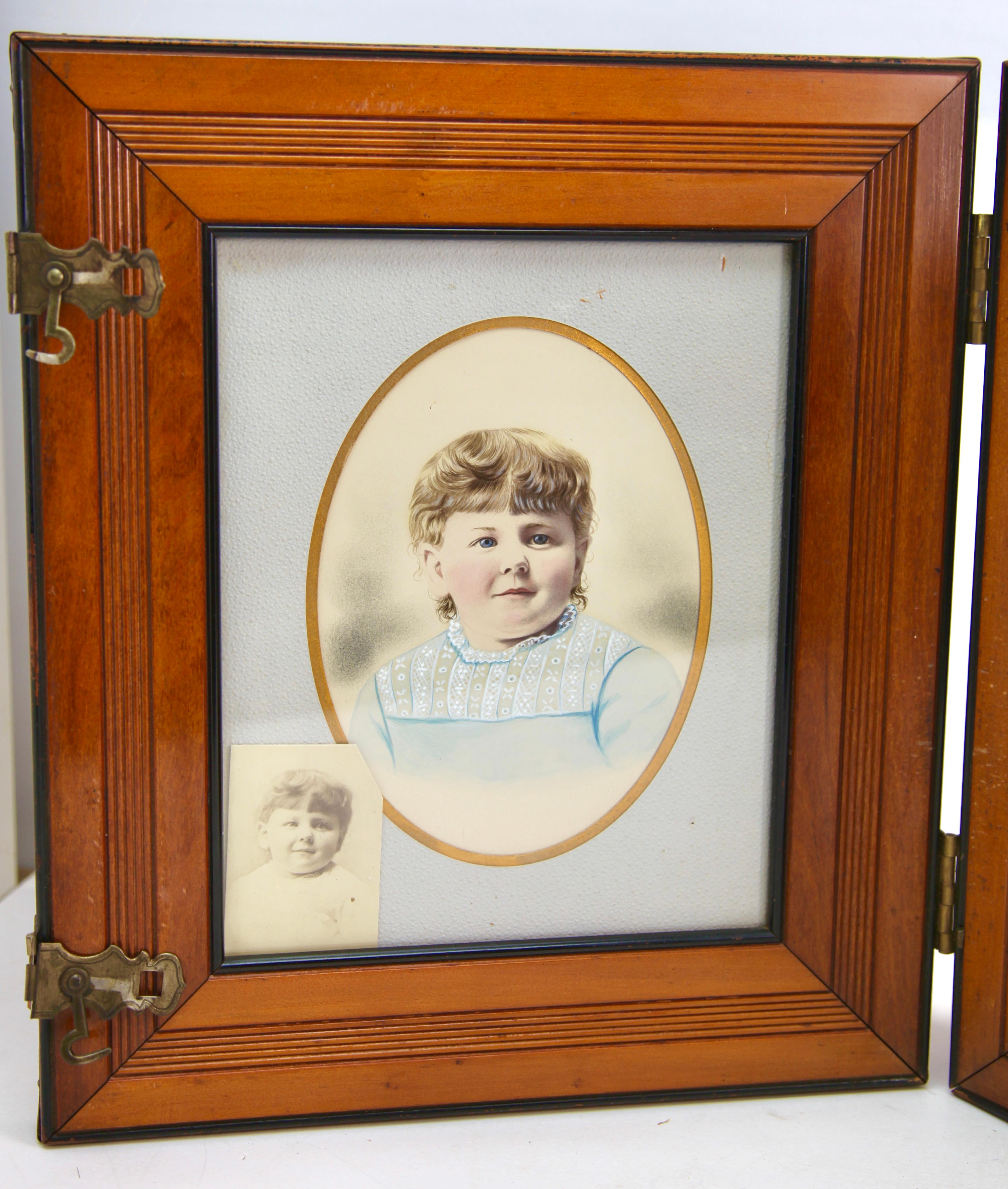 Fait main Grand cadre photo pliant ancien en bois pour voyager, années 1870 en vente