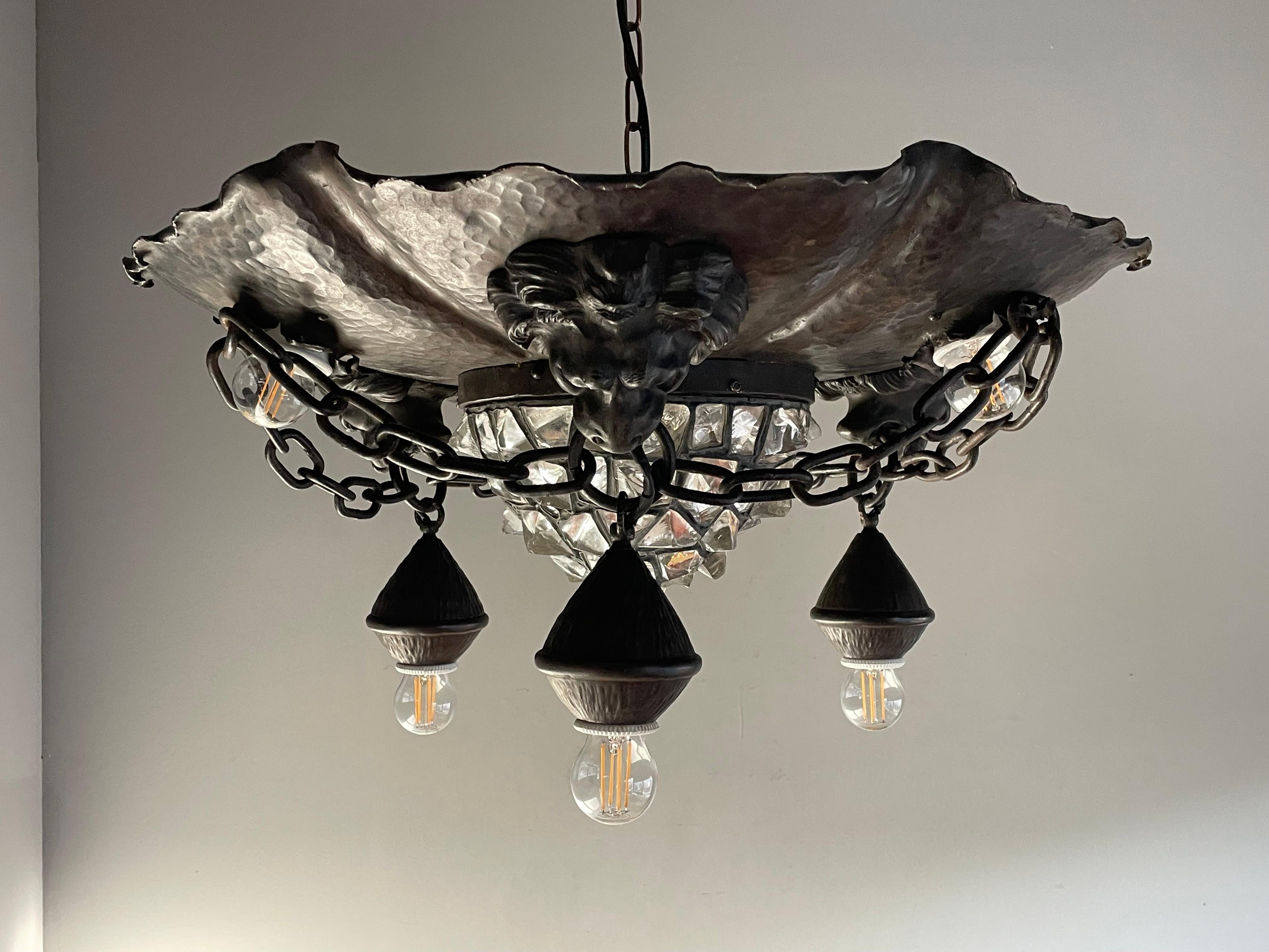 Antique & Large Wrought Iron and Chunky Glass & Lion Sculptures Flush Mount 1910 3