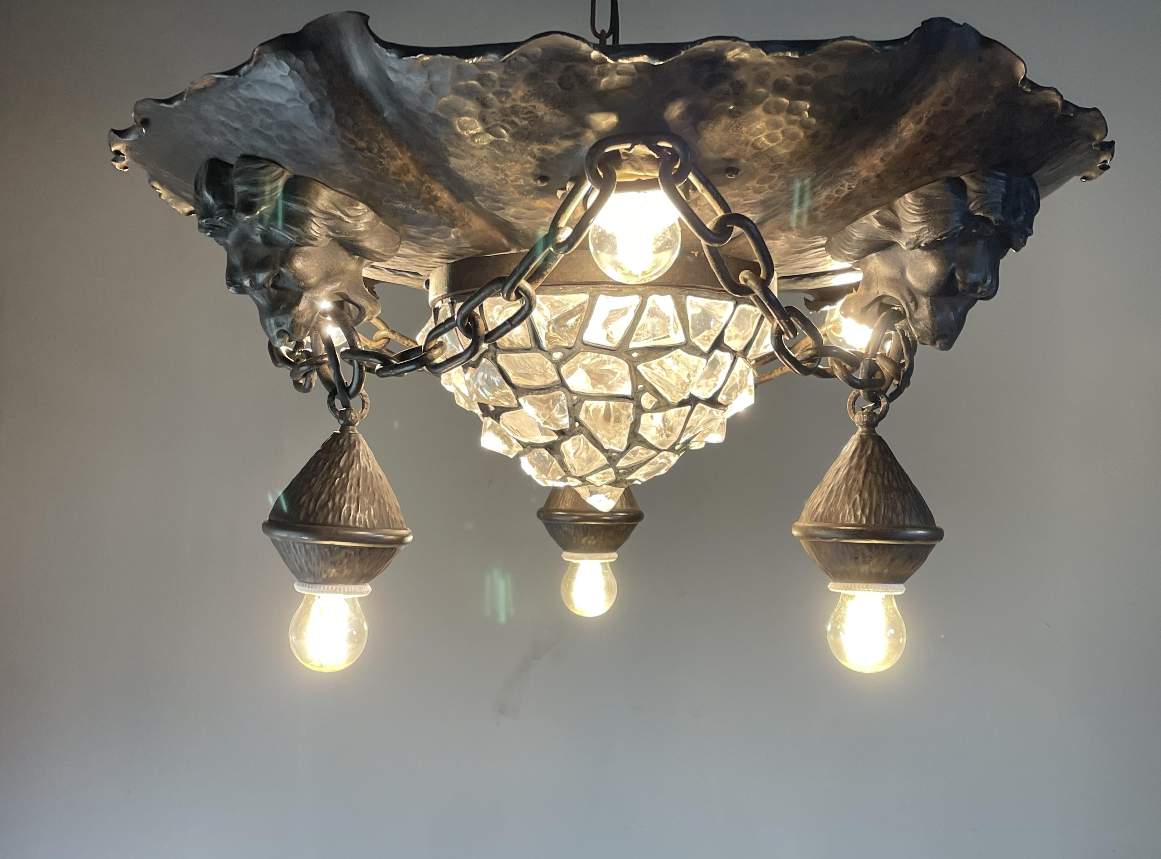 Antique & Large Wrought Iron and Chunky Glass & Lion Sculptures Flush Mount 1910 4