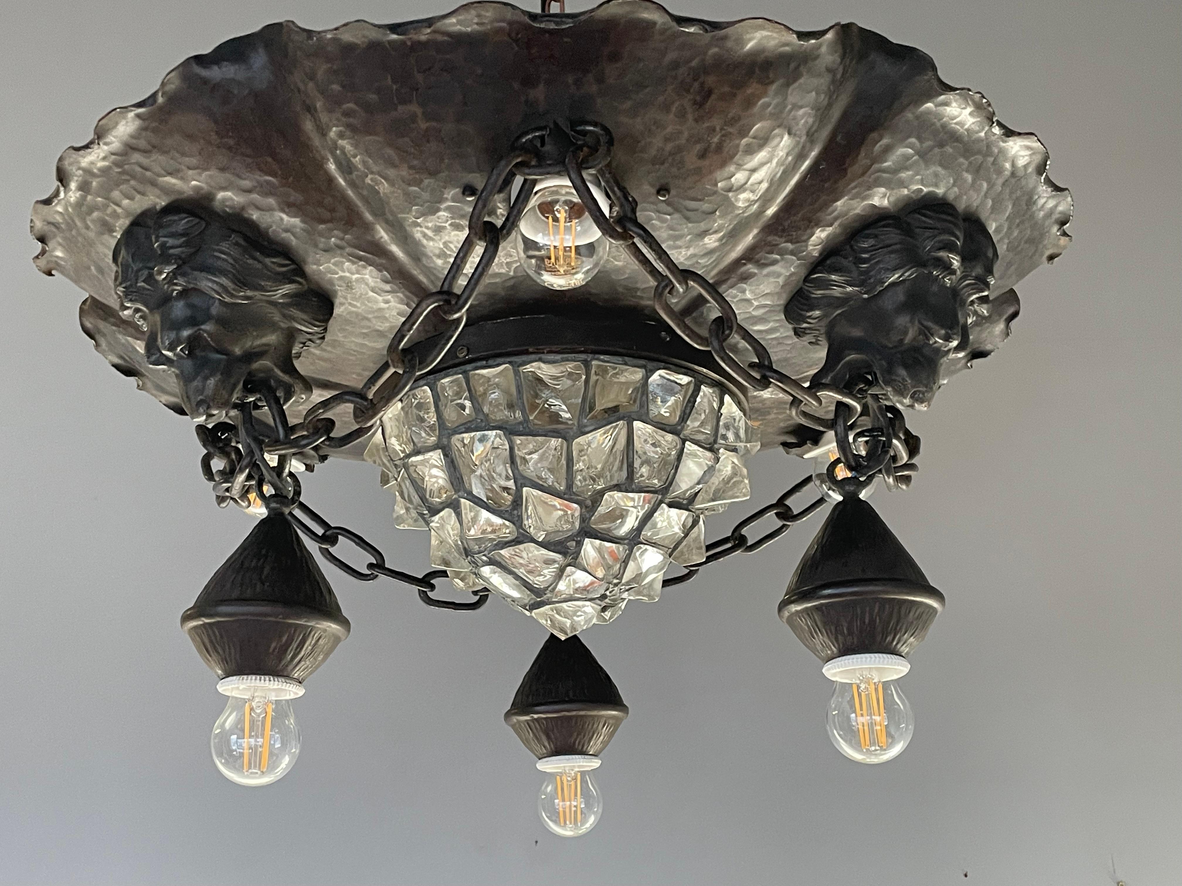 Antique & Large Wrought Iron and Chunky Glass & Lion Sculptures Flush Mount 1910 8
