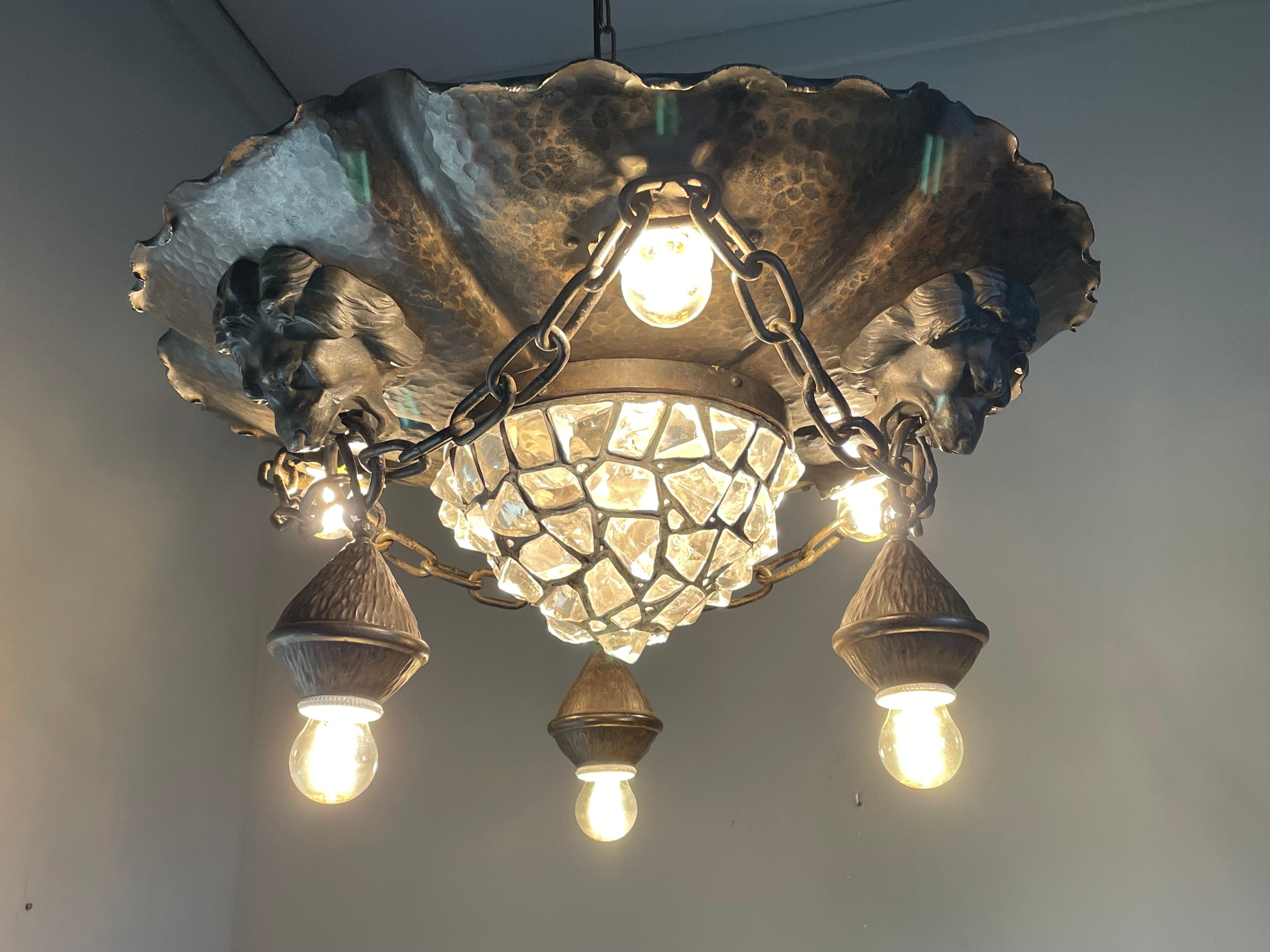Antique & Large Wrought Iron and Chunky Glass & Lion Sculptures Flush Mount 1910 9