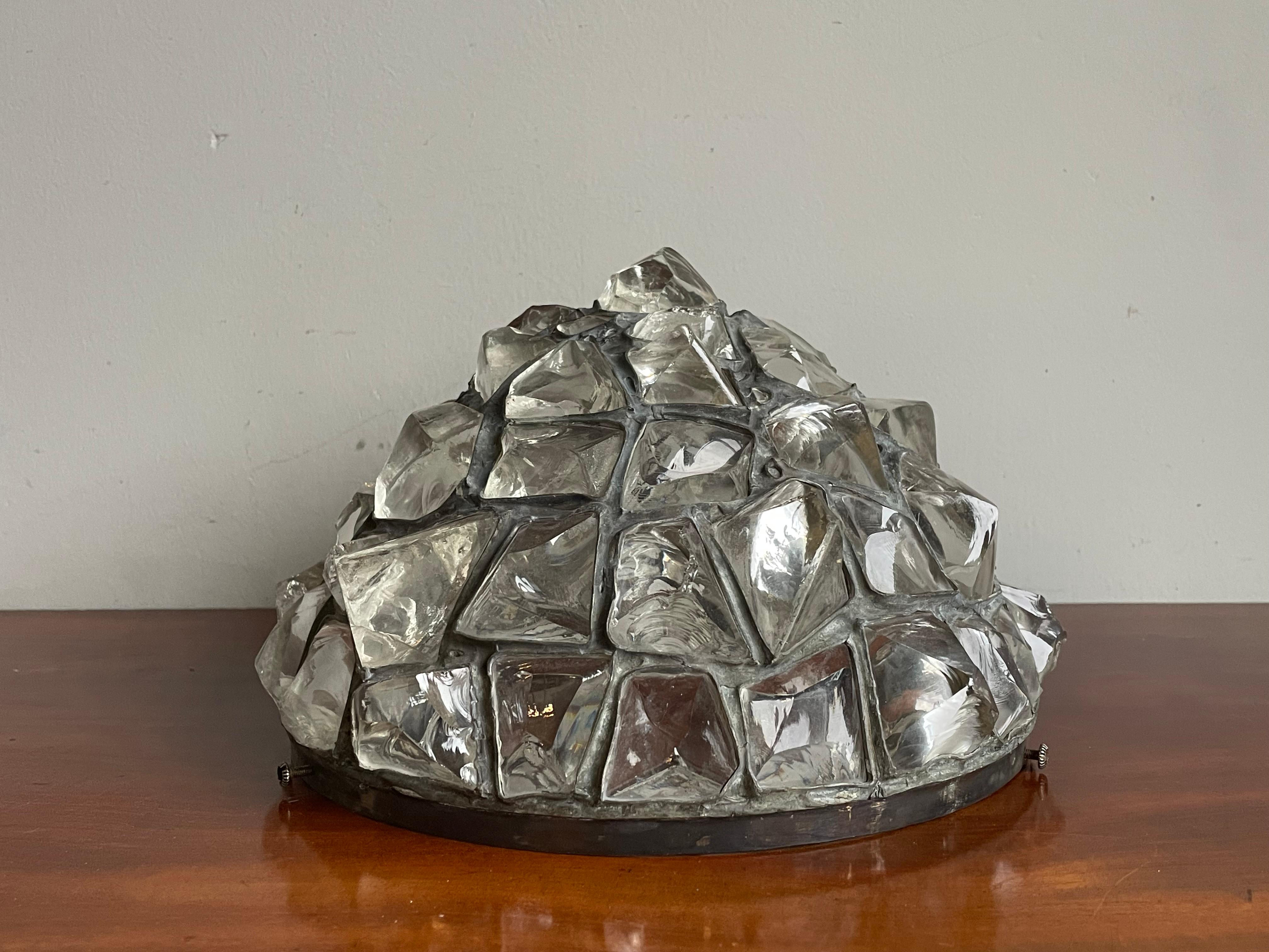 Antique & Large Wrought Iron and Chunky Glass & Lion Sculptures Flush Mount 1910 12